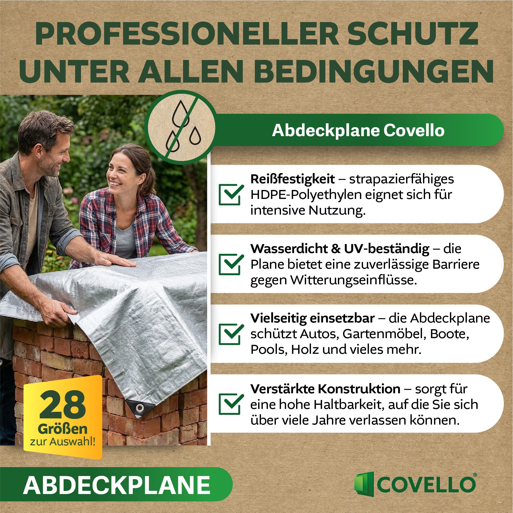 Covello Schutzplane 180g/m² weiß, Abdeckplane mit Ösen wasserdicht, Plane UV-stabilisiert in vielen verschiedenen Farben & Größen