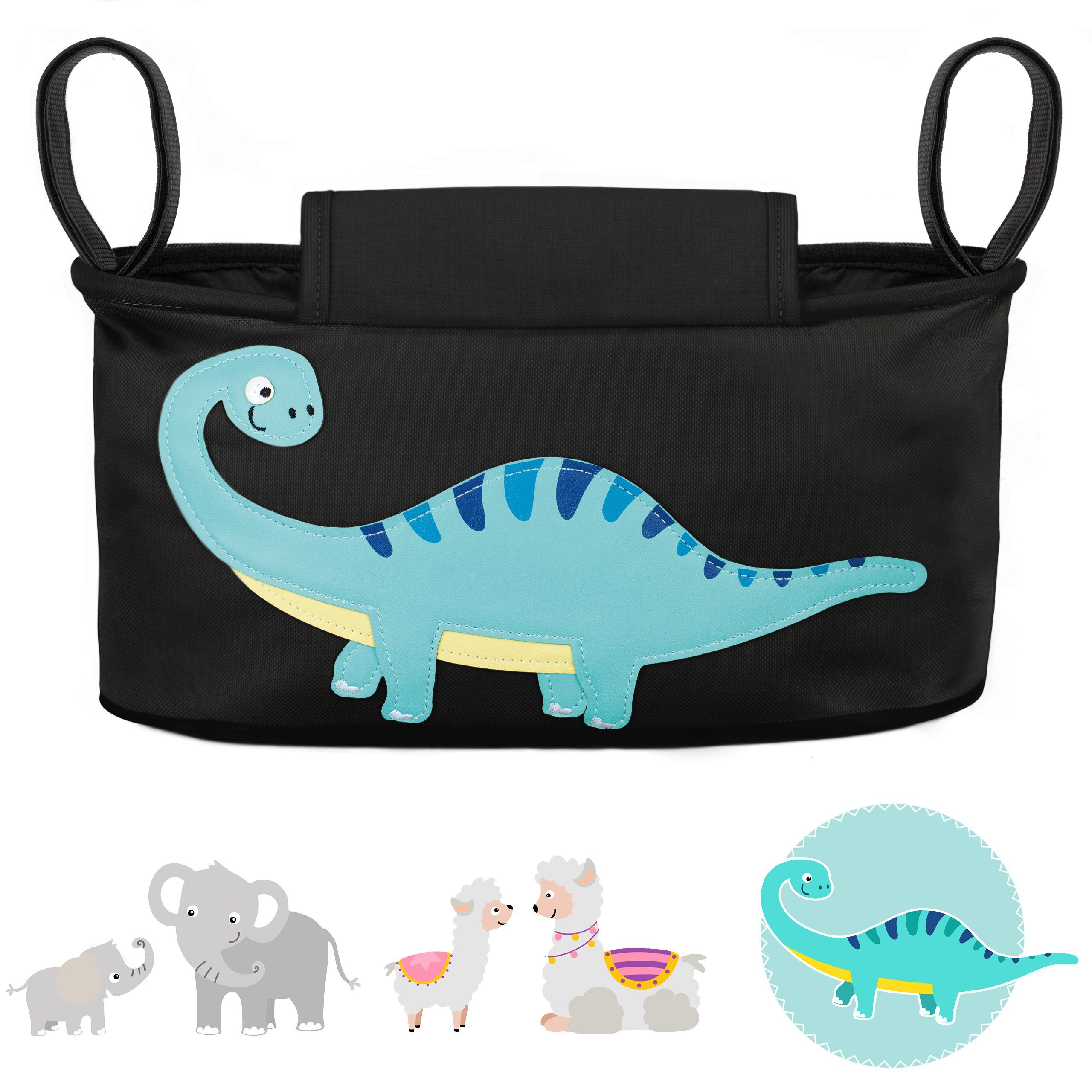 GLÜCKSWOLKE Kinderwagen-Tasche in Grau oder Schwarz I 6 Motive I Kinderwagentasche & Buggy Organizer, Kinderwagen Tasche mit Getränkehalter und Feuchttücherfach