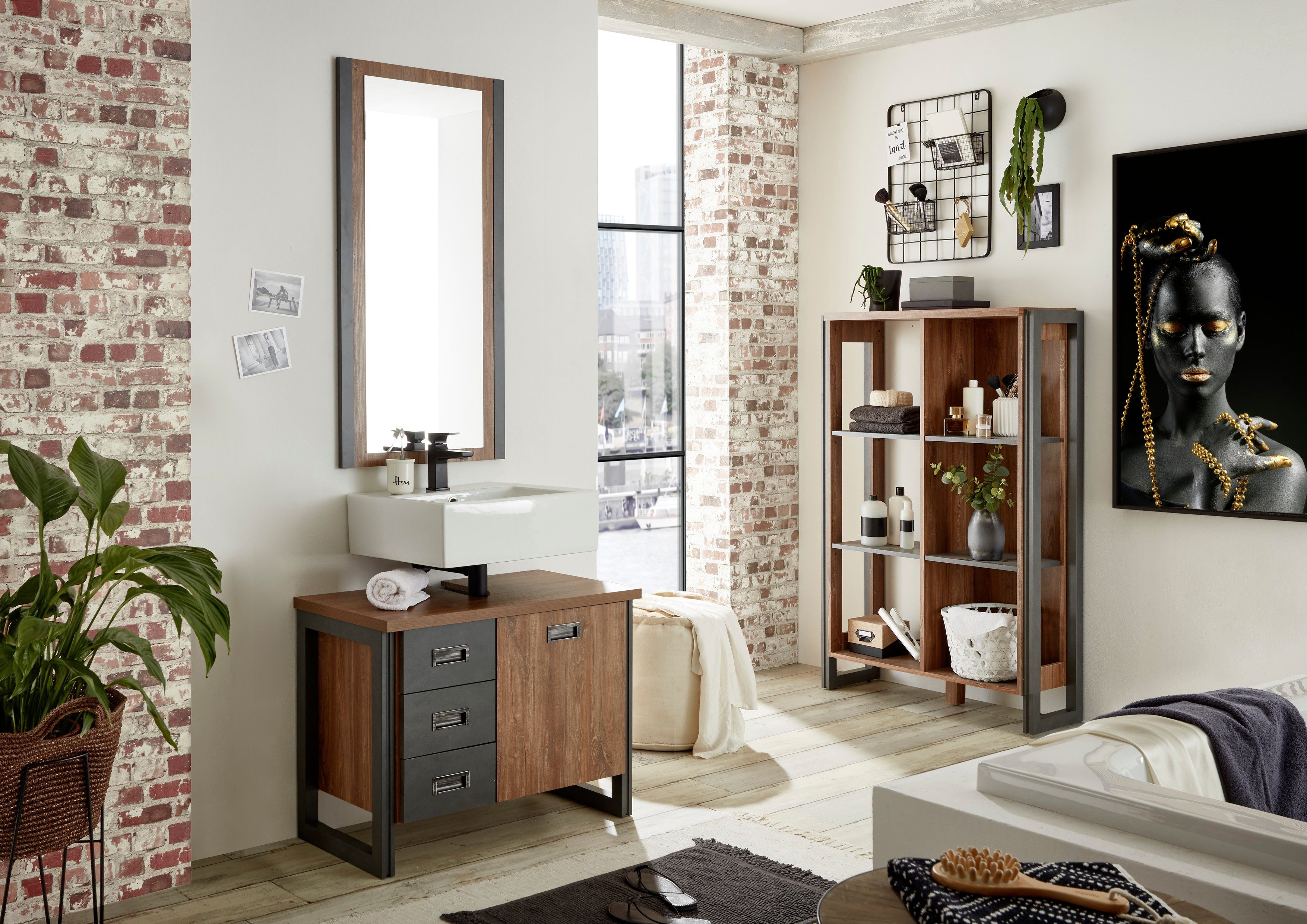 Home affaire Badmöbel-Set Detroit, Bad im Industrialdesign, 3-teiliges Badezimmer, (Set, 3-St), Unterschrank, Regal & Spiegel, holzfarben, offene Fächer & Stauraum