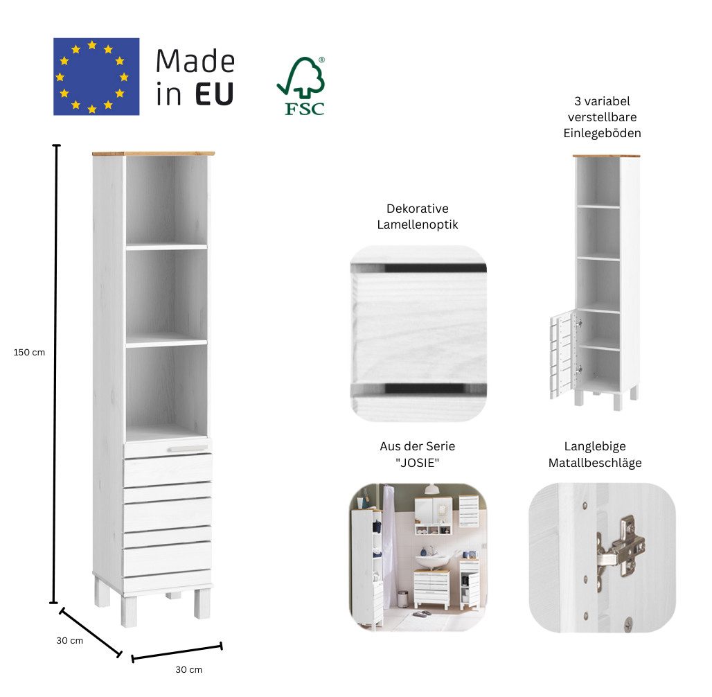 Home affaire Hochschrank JOSIE Breite 30 cm, aus Massivholz, verstellbare Einlegeböden, Metallgriffe