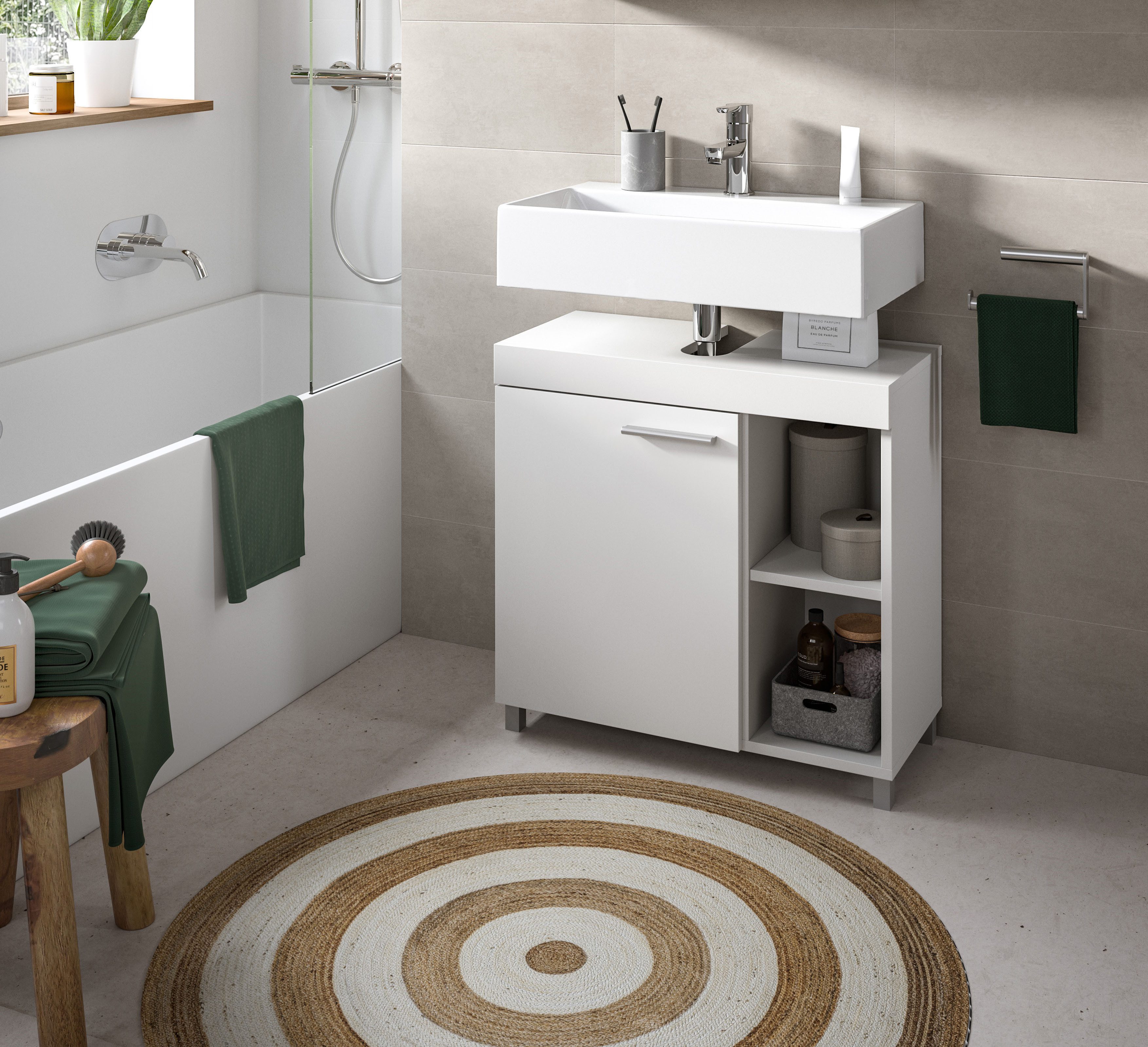 welltime Waschbeckenunterschrank HANO, Badezimmer, WBU, Waschtisch, Kommode, Unterschrank (in 2 verschiedenen Farben und 2 verschiedenen Ausstattungen erhältlich) 1 Tür, 2 höhenverstellbare E-Böden, 4 Fächer, mit Siphonausschnitt