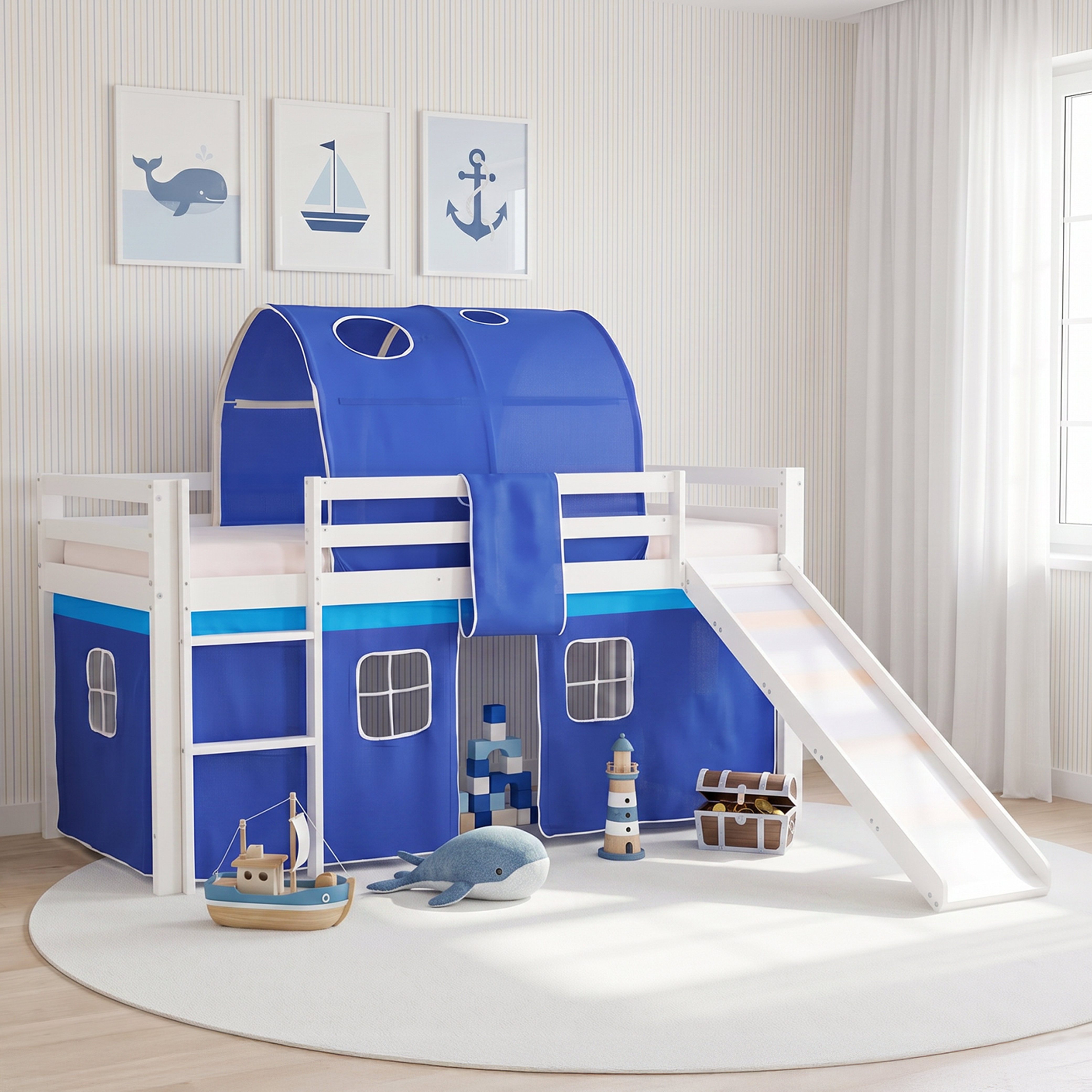 Homestyle4u Hochbett Kinder mit Rutsche 90x200 mit / ohne Matratze Holz Blau Jungen (Set, mit Tunnel, Rutsche, Lattenrost, Spielbett) mit Rausfallschutz, Blau, Junge