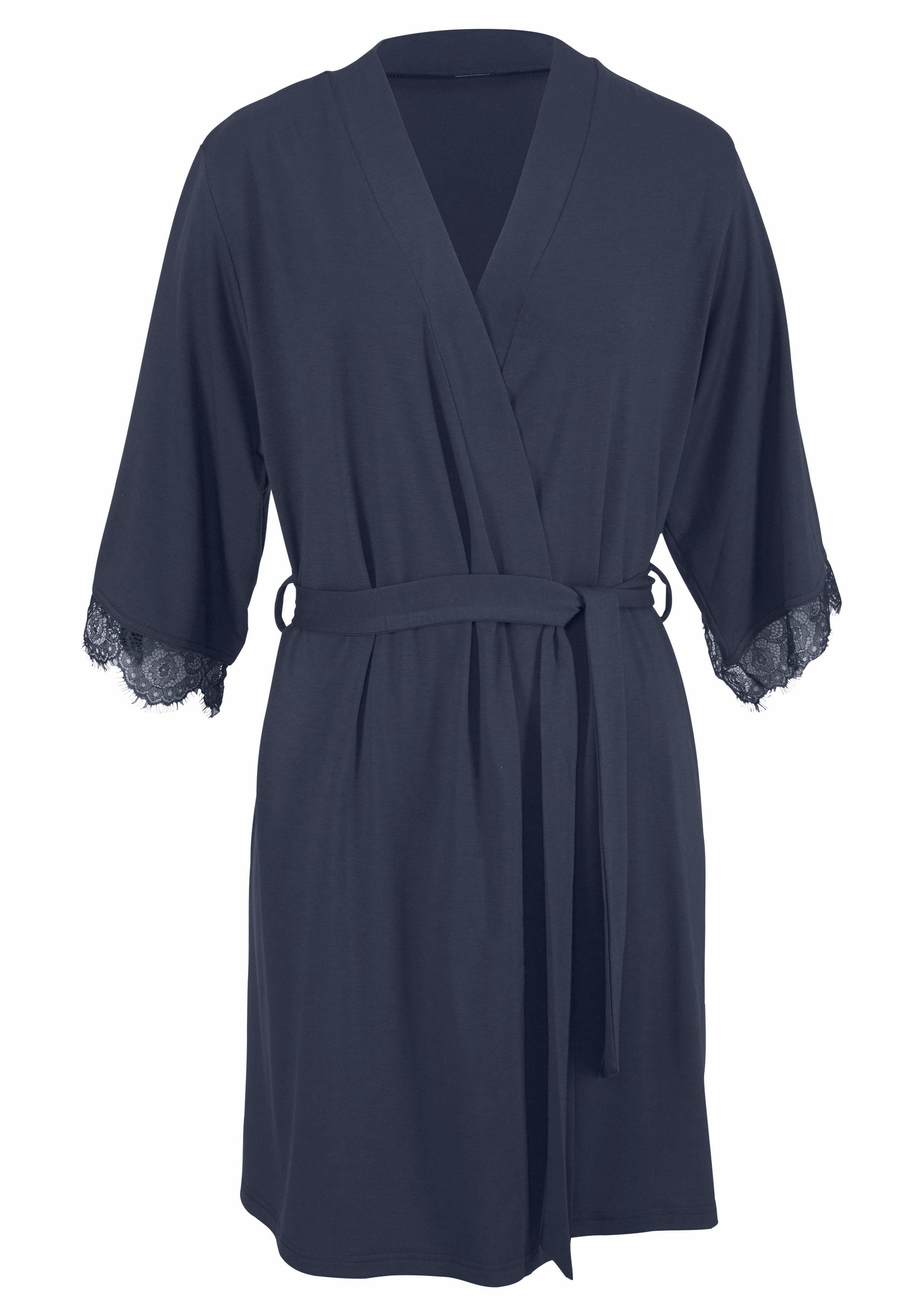 LASCANA Kimono, blau am Kurzform, Spitze Ärmelsaum mit Jersey, Gürtel,