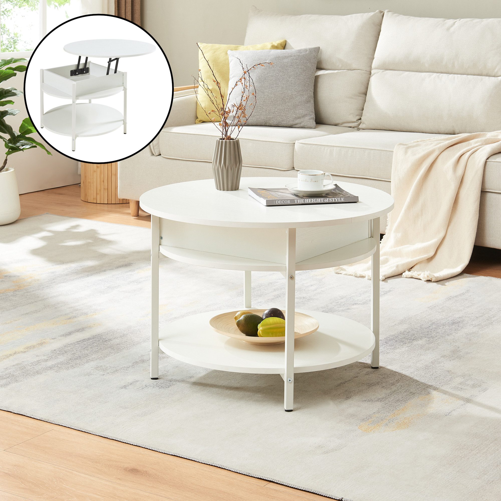 en.casa Couchtisch, »Kandas« mit Hebeplatte rund 70 x 49 cm Weiß günstig online kaufen