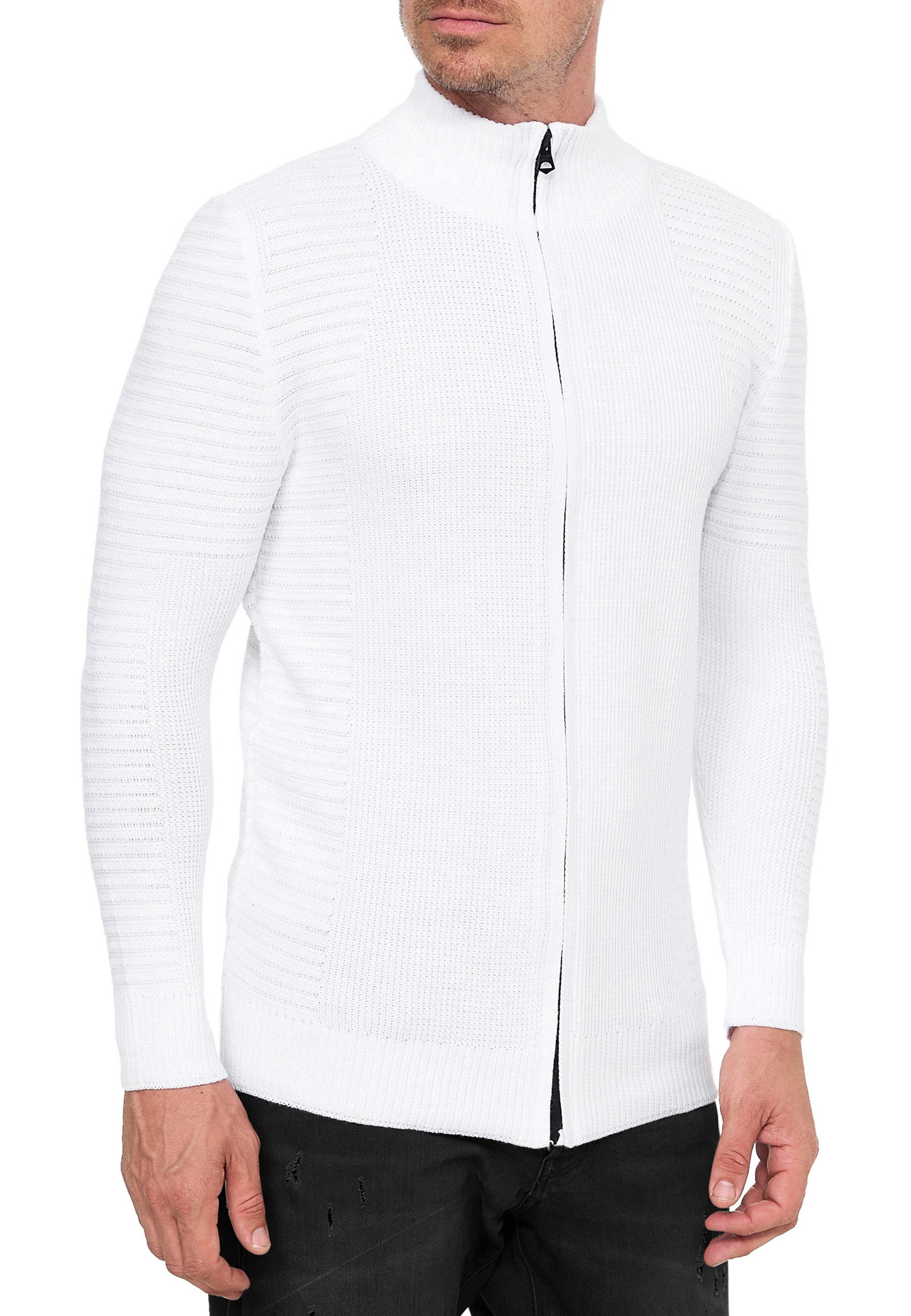 R-NEAL Stehkragenpullover Strickjacke Streetwear Slim Fit Feinstrick Biker günstig online kaufen