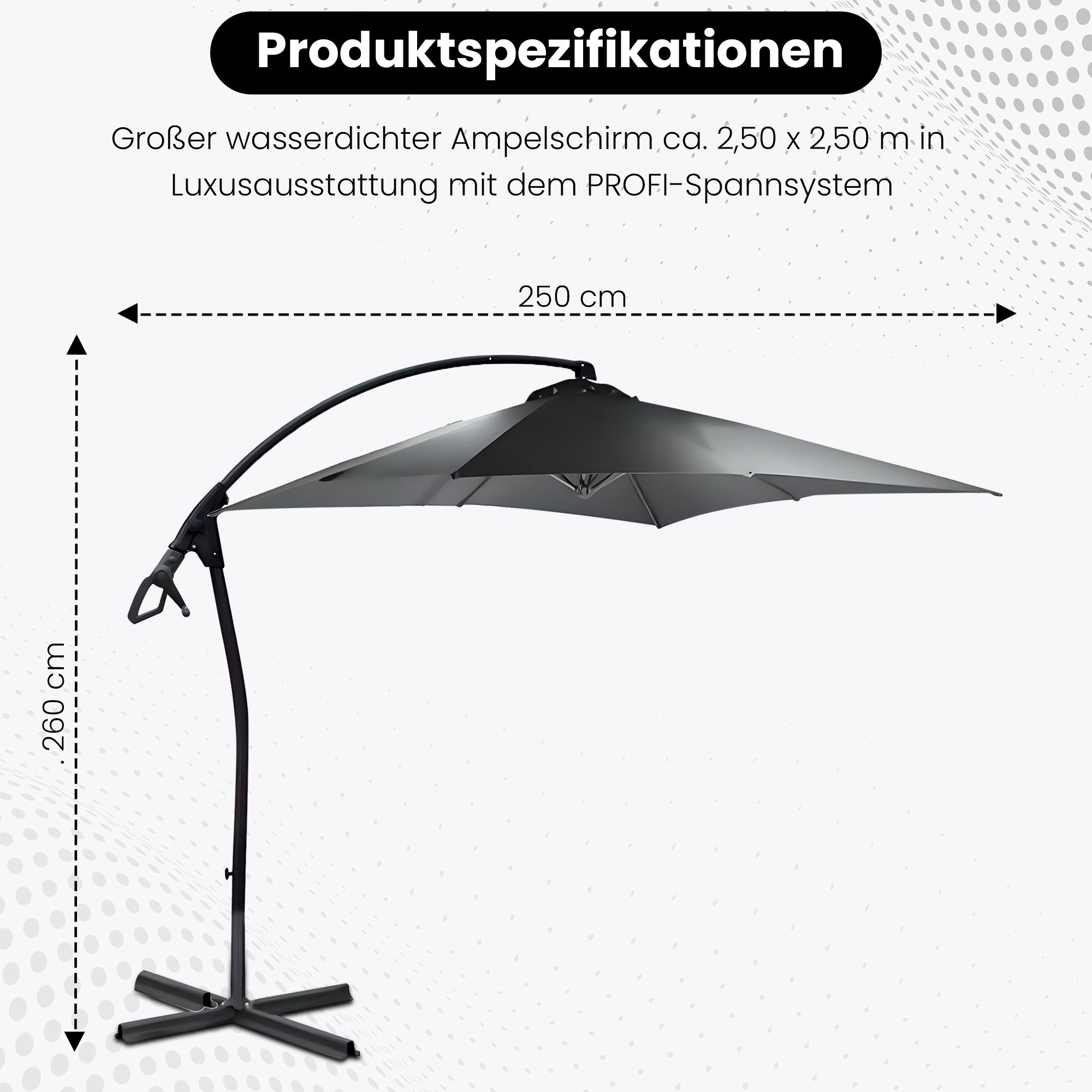 habeig Ampelschirm Sonnenschirm WASSERDICHT eckig 250cm Ampelschirm PVC wasserfest 2,5m, 100% wasserdicht