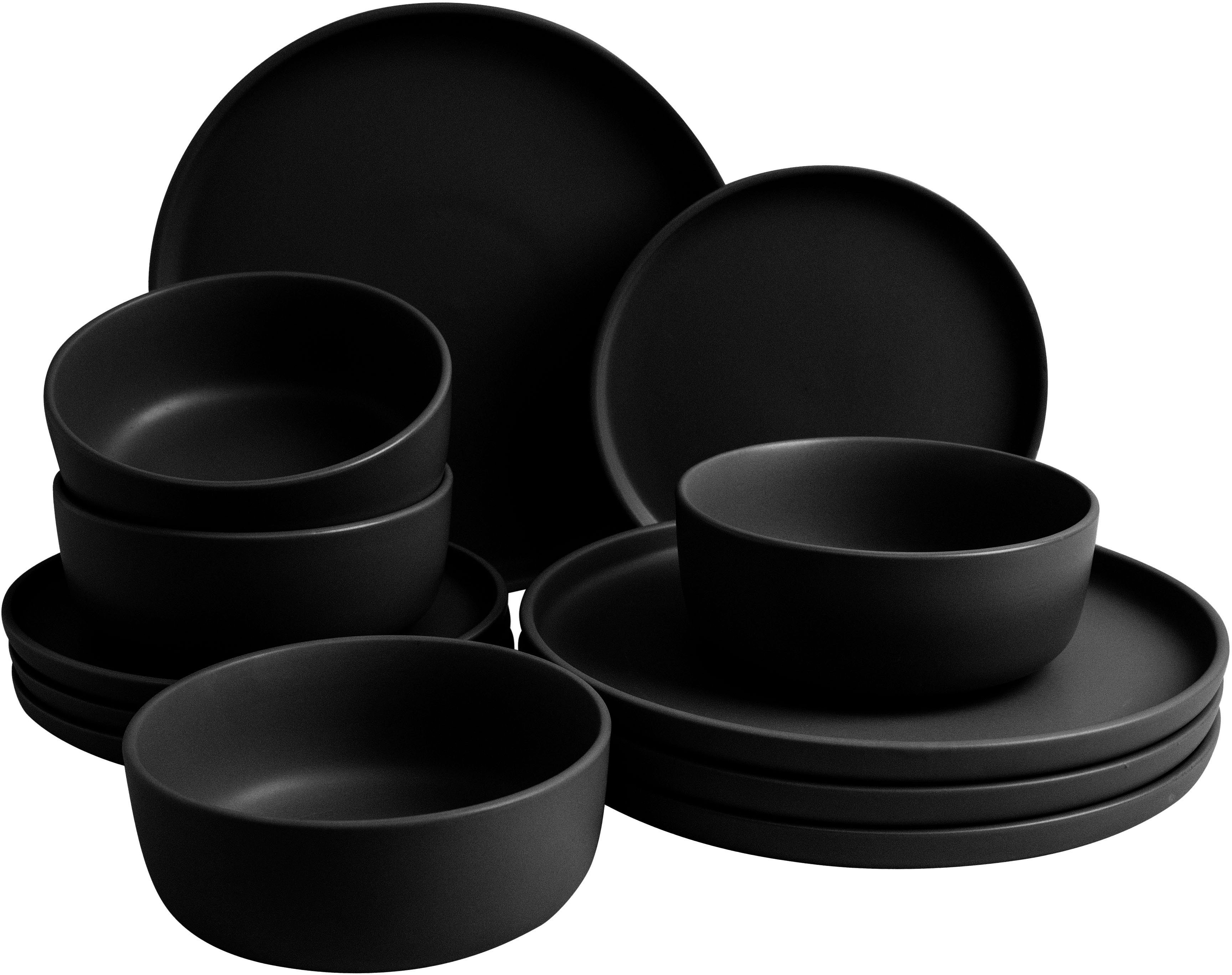 LeGer Home by Lena Gercke Tafelservice Geschirr-Set, Service Belli (12-tlg), 4 Personen, Steingut, runde Form, Scandi Style, 12 Teile, für 4 Personen schwarz