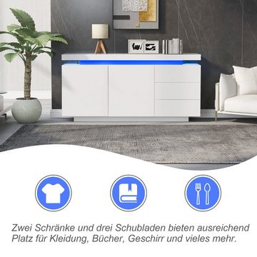 BlingBin Sideboard Modern Wohnzimmer Standschrank Kommode Anrichte Breite 140cm (2 Türen 3 Schubladen, mit LED Licht), mit Push-to-Open-Mechanismus