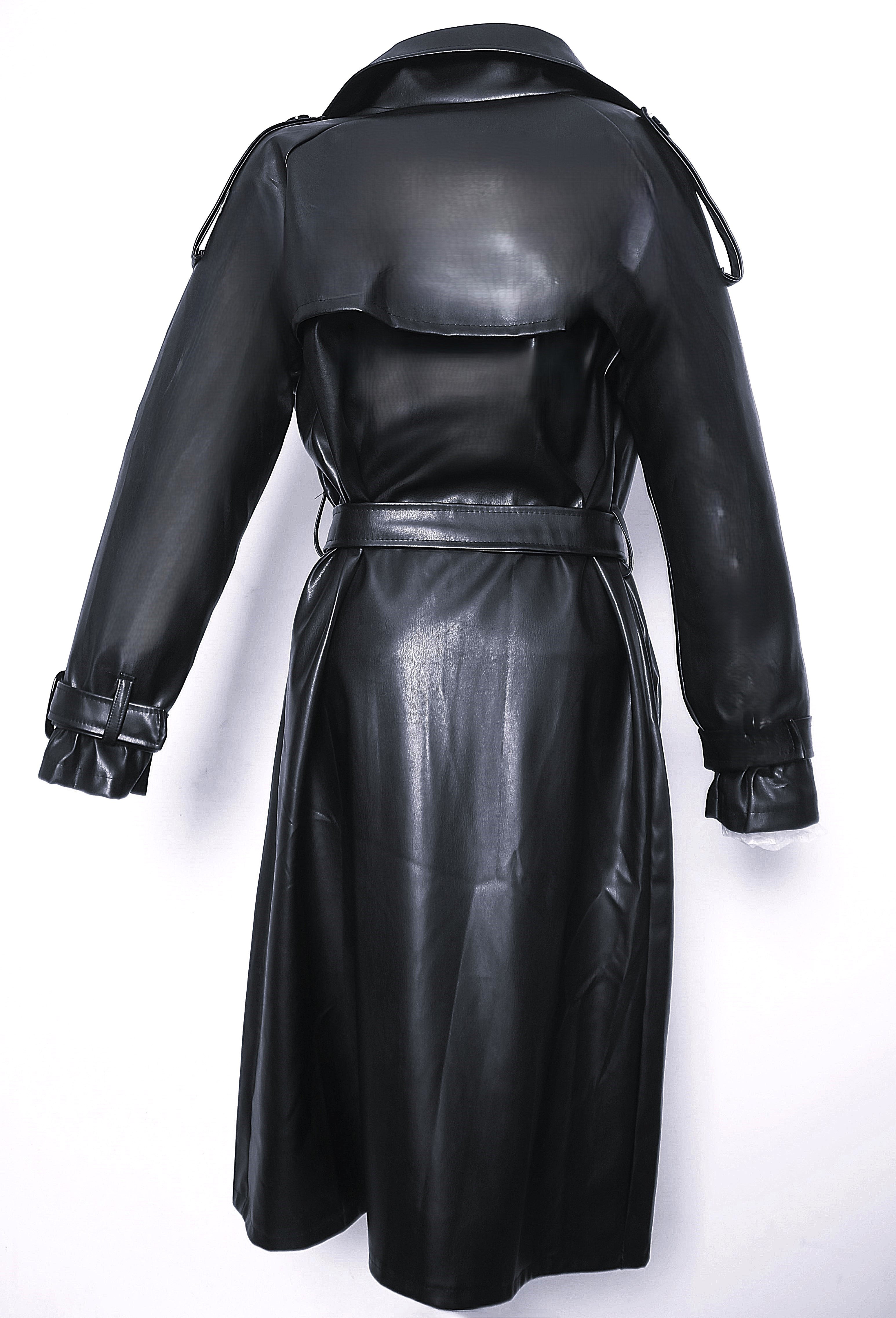 Be Noble Ledermantel Mailand beige und schwarz Eleganter langer Trenchcoat aus hochwertigem Kunstleder