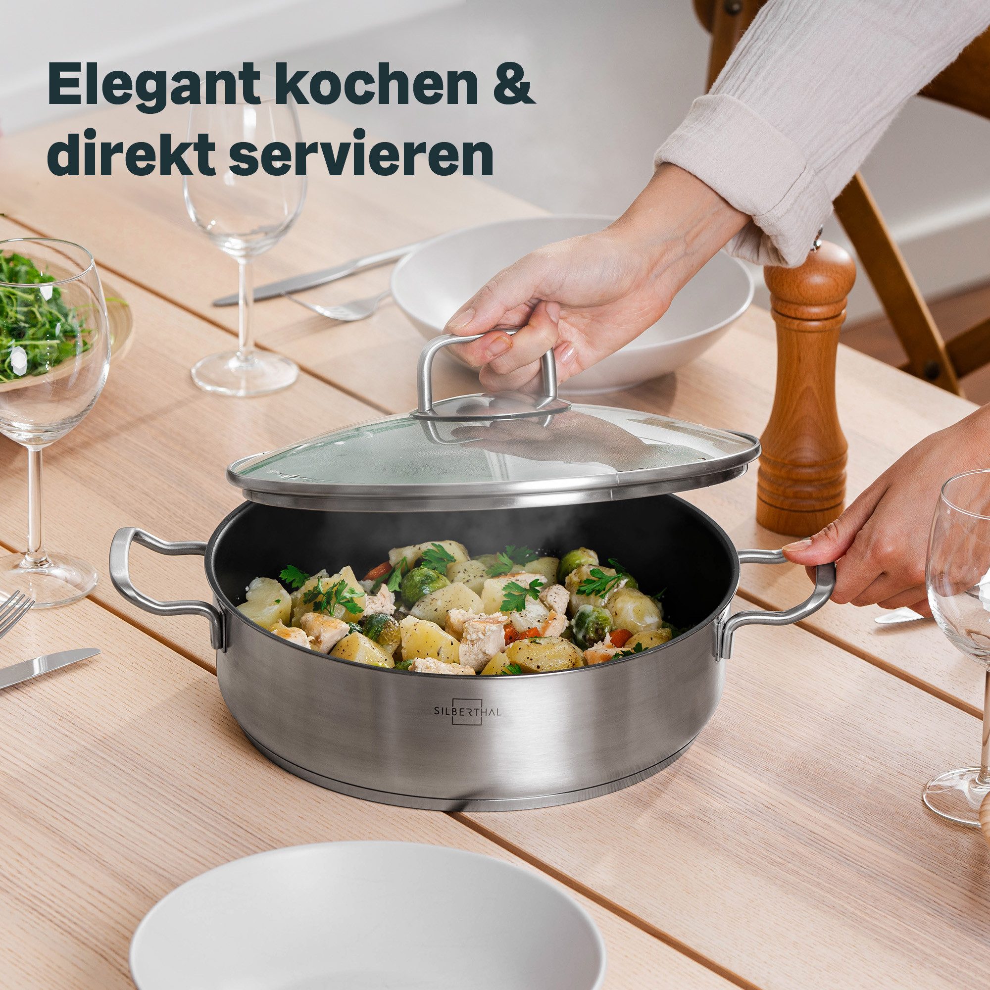 SILBERTHAL Servierpfanne Schmorpfanne Beschichtet mit Deckel 28cm, Edelstahl (2-tlg) – Bild 4 von 5
