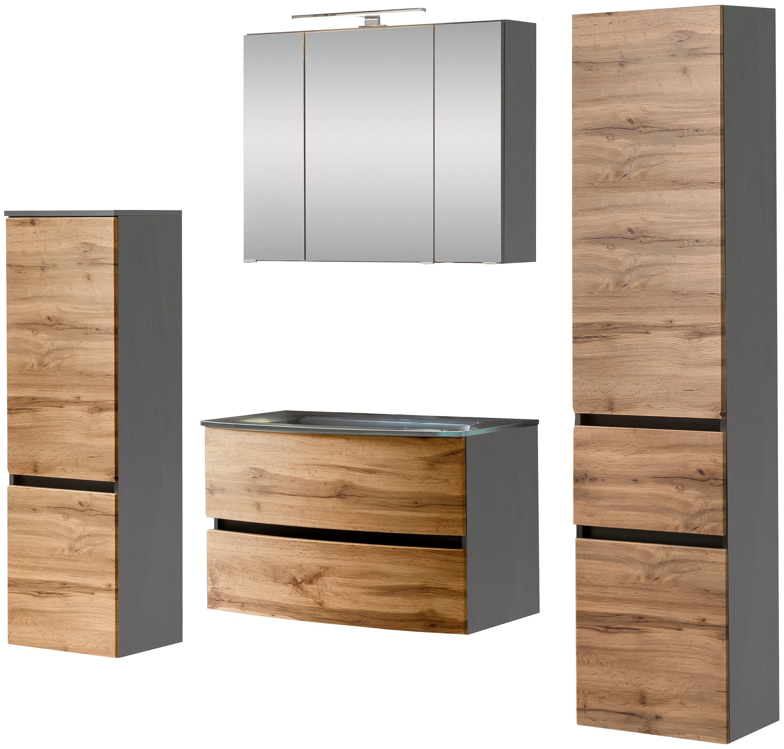 welltime Badezimmer-Set Kaunas, (Set, 4-St), Waschtisch-Set (Breite 80 cm) mit Midischrank und Seitenschrank