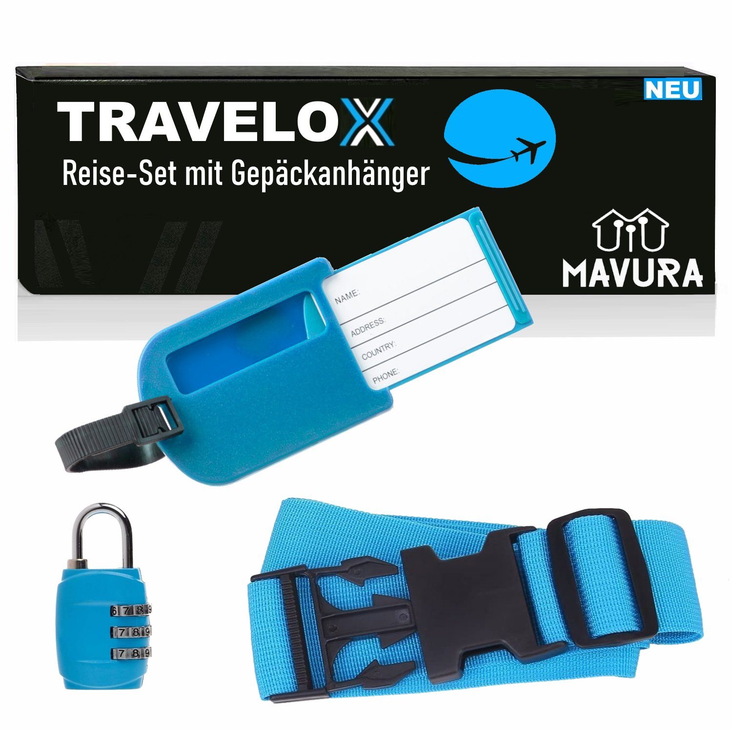 MAVURA Koffergurt TRAVELOX Reise-Set Kofferband Gepäckgurt Türkis mit, (Adressanhänger Kofferanhänger), Adressschild Gepäckanhänger & Zahlenschloss 3tlg