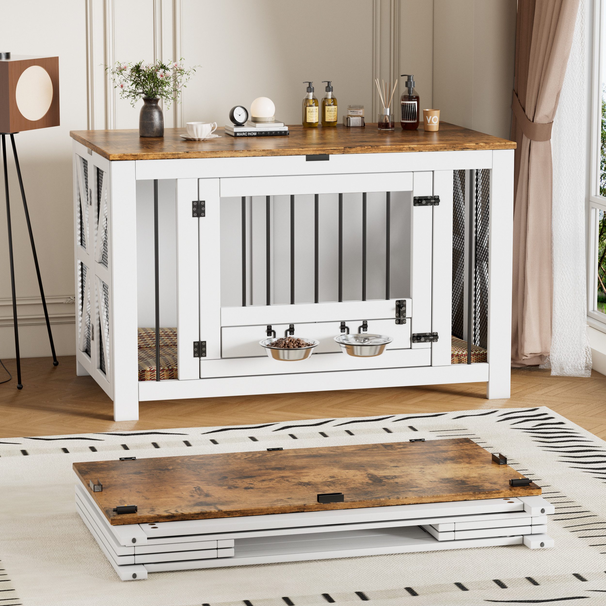 TWSOUL Hunde-Transportbox 2-in-1Tierreisebox Tiertransportbox mit Tischoberfläche, Faltbar 105cm, Schüssel Tür verschließbar, Einfache Montage obust und pflegeleicht