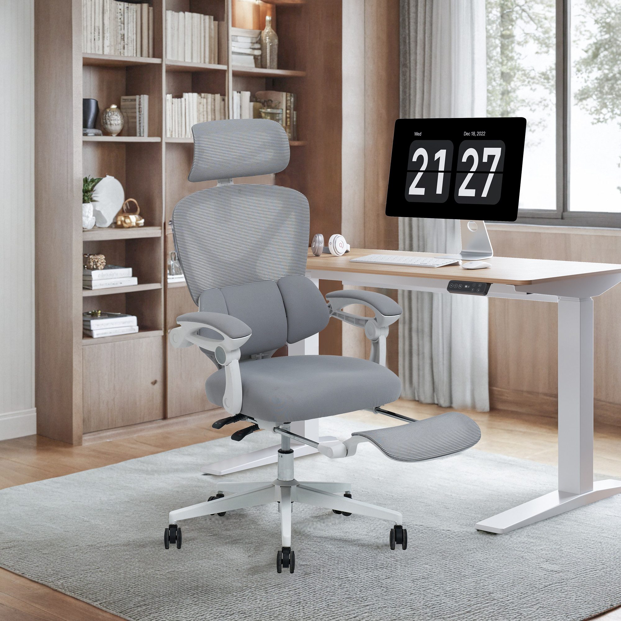 FLEXISPOT Drehstuhl Ergonomischer Bürostuhl mit X-Design (135° neigbare Rückenlehne & 3D-Kopfstütze & zonenverstellbare Lendenunterstützung), Synchron-Armlehnen, Ausziehbare Fußstütze, Drehstuhl für Homeoffice