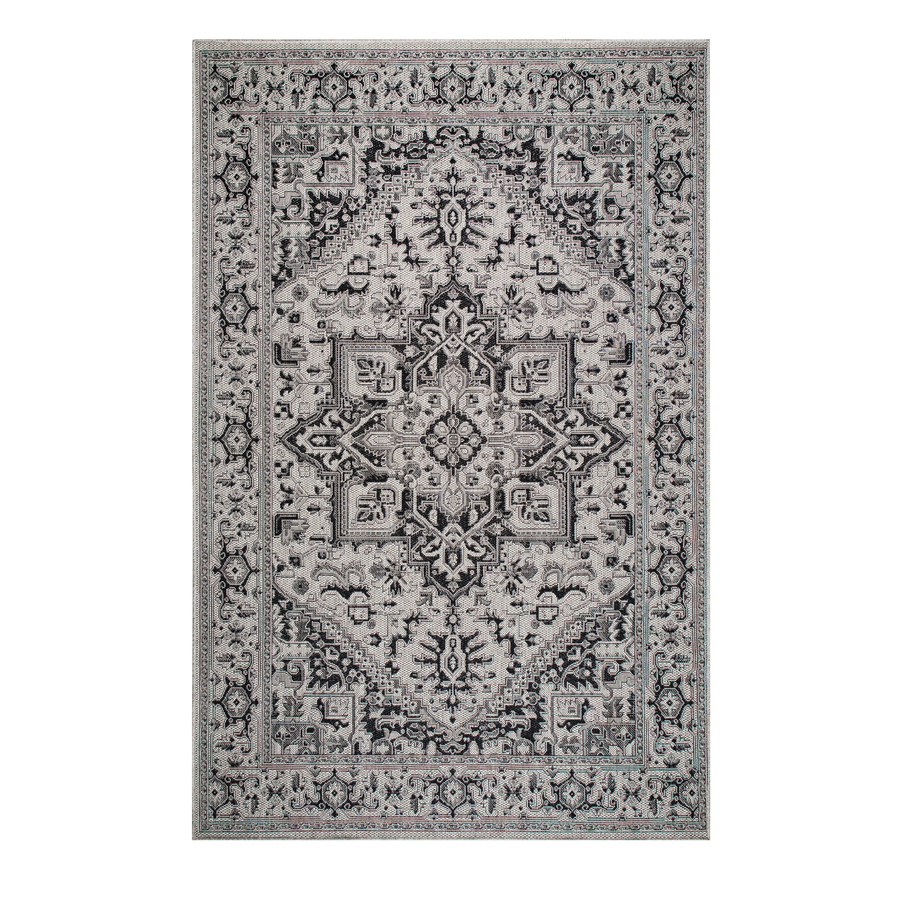 oKu-Tex Outdoorteppich PLUTUS In- & Outdoor Teppich, Flachgewebe, Sisaloptik, rechteckig, Höhe: 3 mm, Vintage orientalisches Design, UV-resistent, Terrasse, Grau-Schwarz