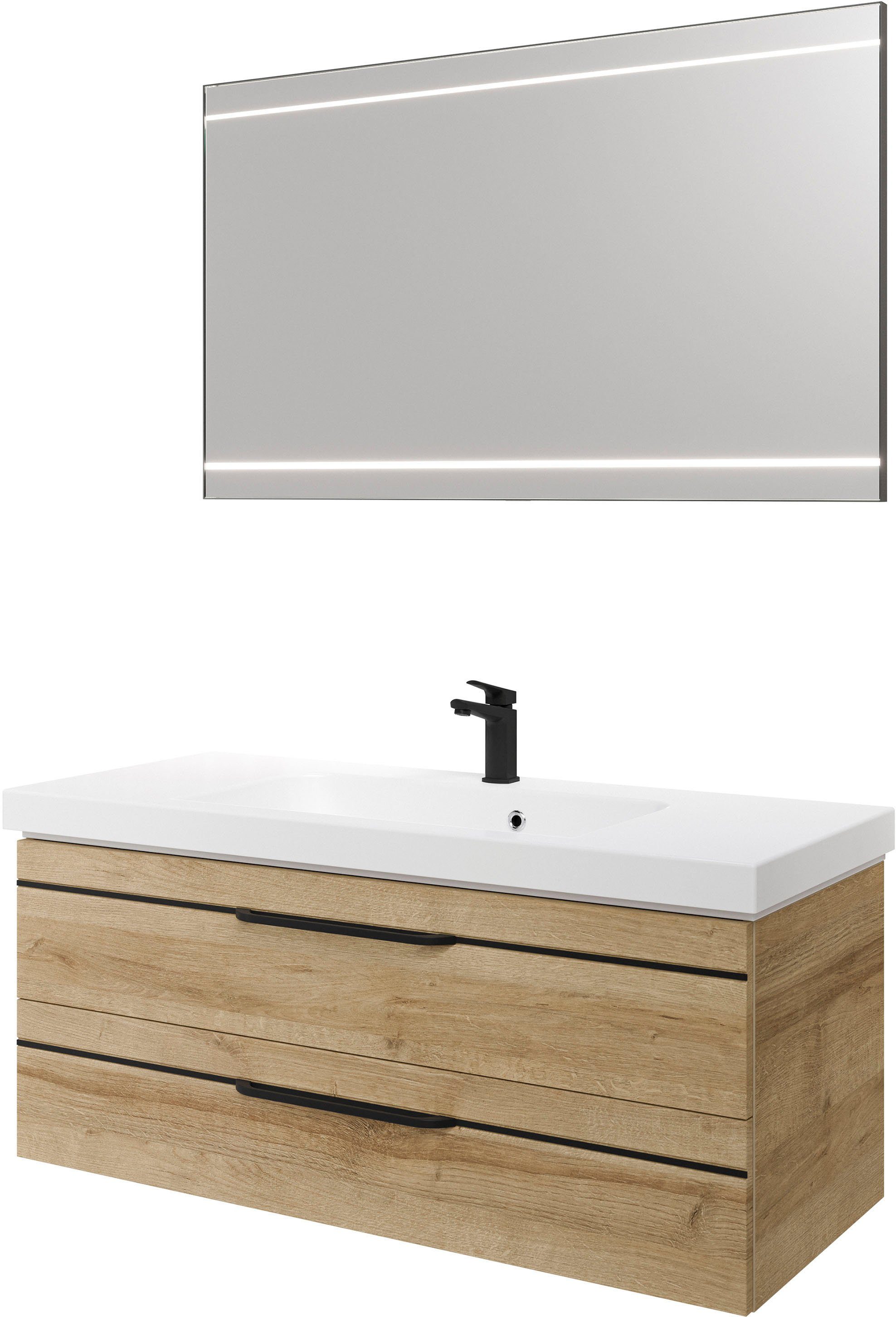 Saphir Badmöbel-Set Balto 2-teilig Mineralmarmor-Waschtisch mit LED-Spiegel, 123 cm breit, (2-St), Waschplatz mit 2 Schubladen, Badschrank inkl. Schubladendämpfer