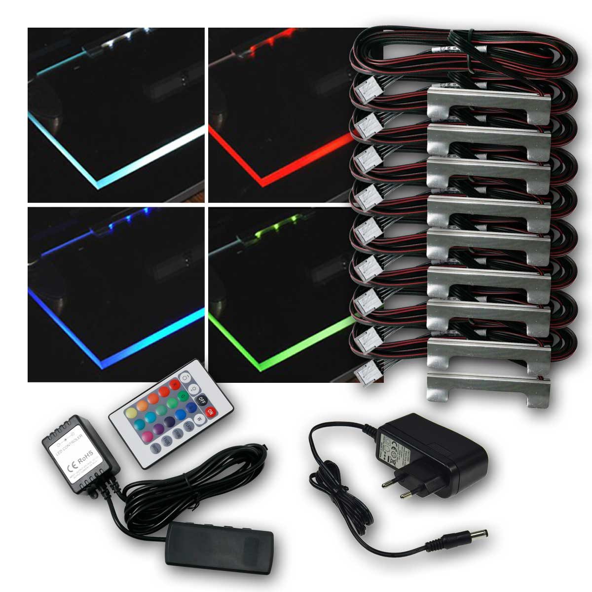 world-trading-net LED Glaskantenbeleuchtung 9er Set Metall-Clip Glasbodenbeleuchtung, RGB, RGB/mehrfarbig