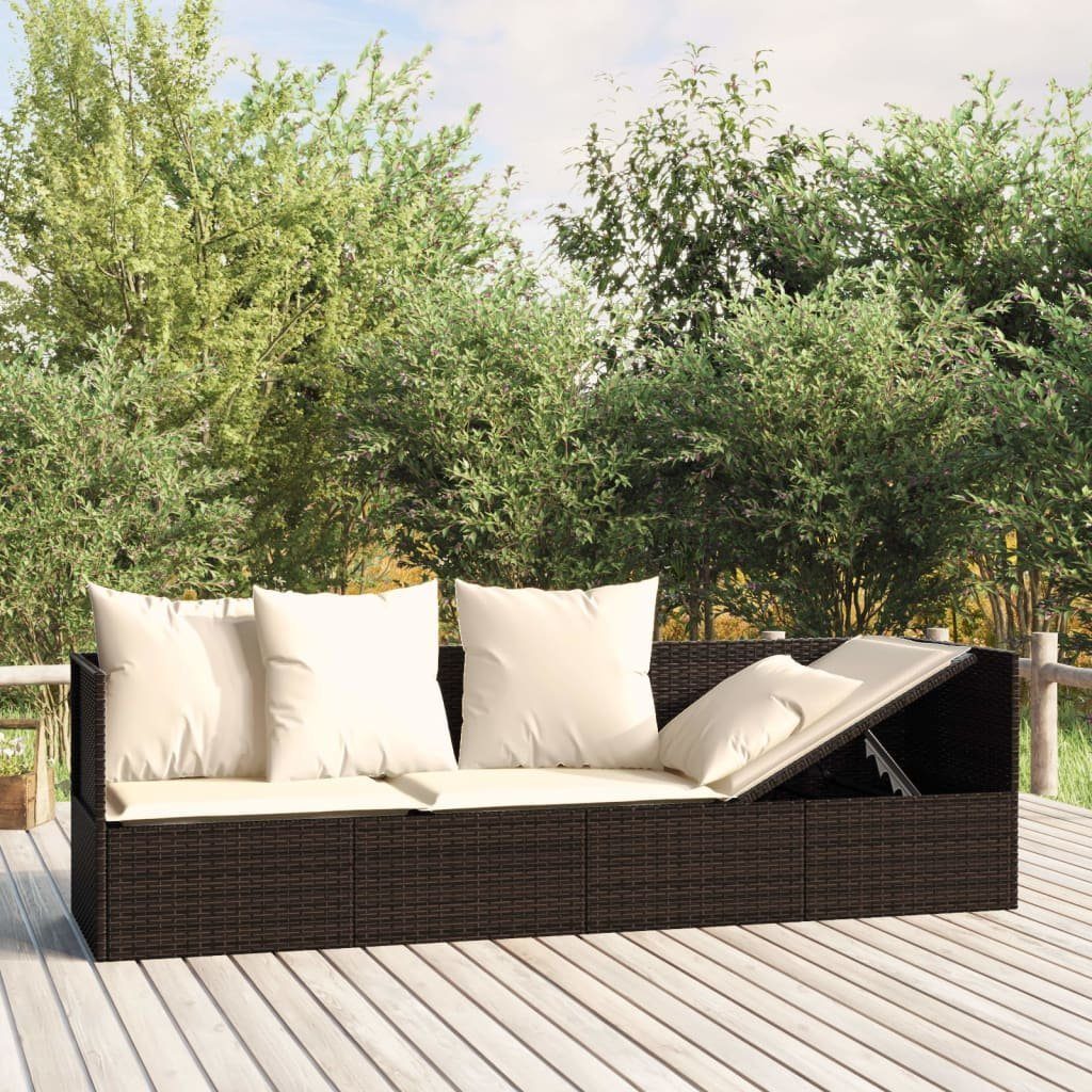 vidaXL Gartenliege Outdoor-Loungebett mit Cremeweiß Kissen Poly 1 St. Braun Braun Rattan