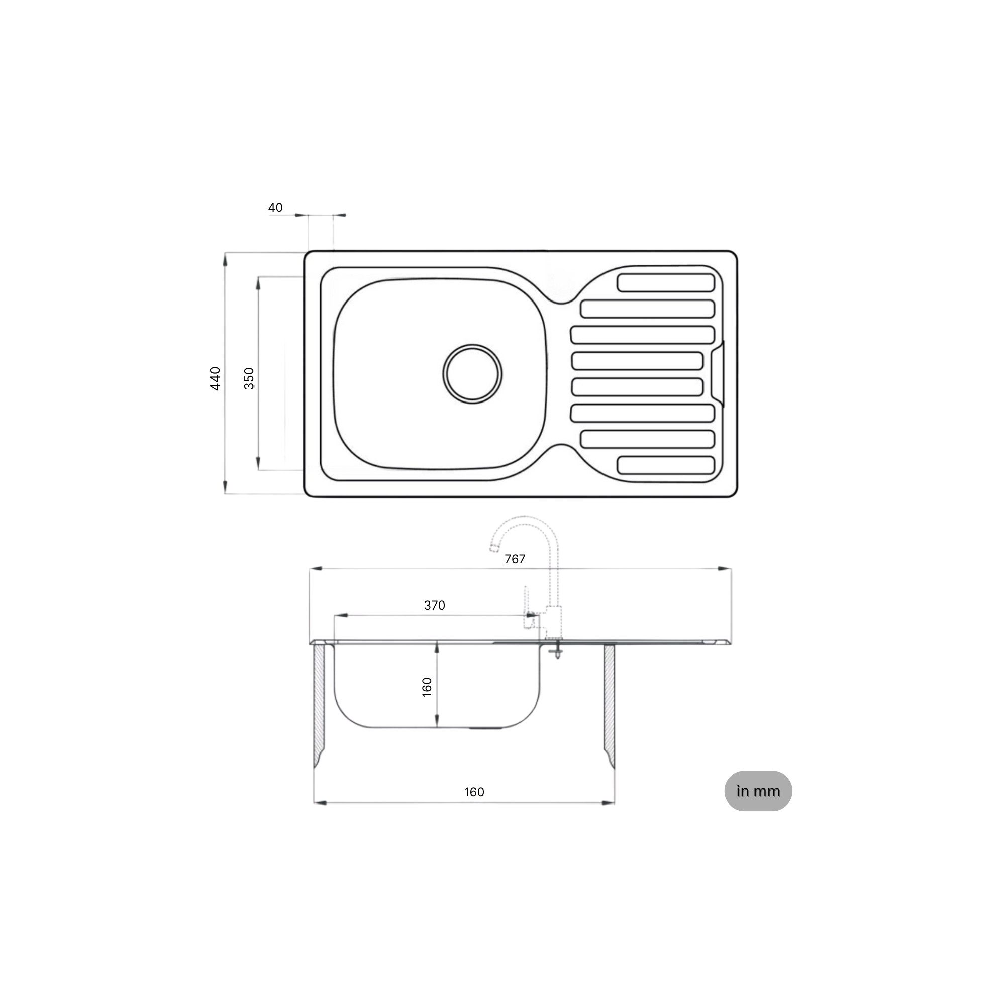 Faizee Furniture Stainless Steel Sink, Stainless Steel Built-in Kitchen Sink, Sink with Drain Fitting + Tap, Rectangular, 76/15 cm