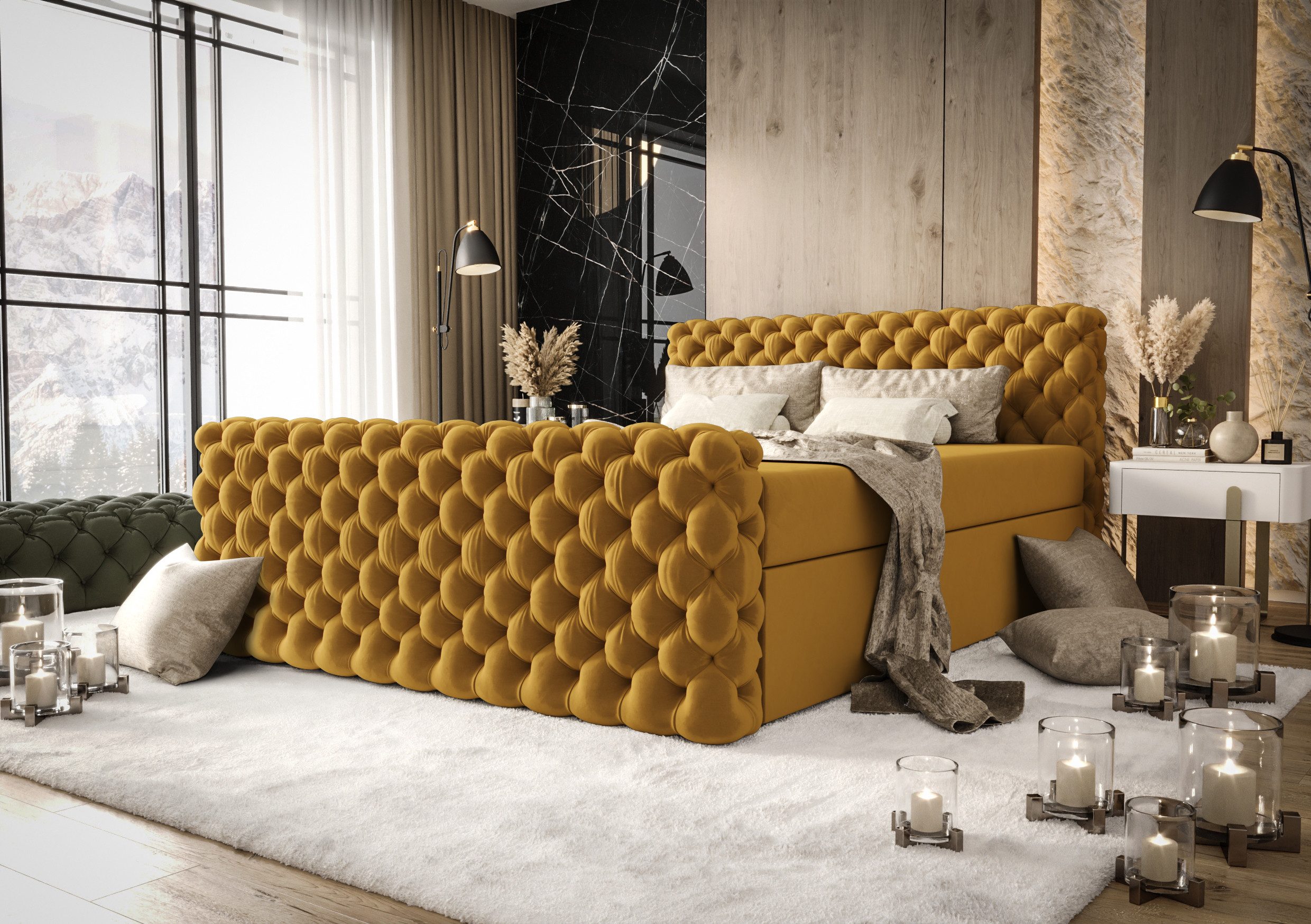 B&B Home Boxspringbett Boxbett Figo IV 180 cm 200 cm (inkl zwei Bettkästen, Multipocket-Matratze und Topper, Chesterfield)