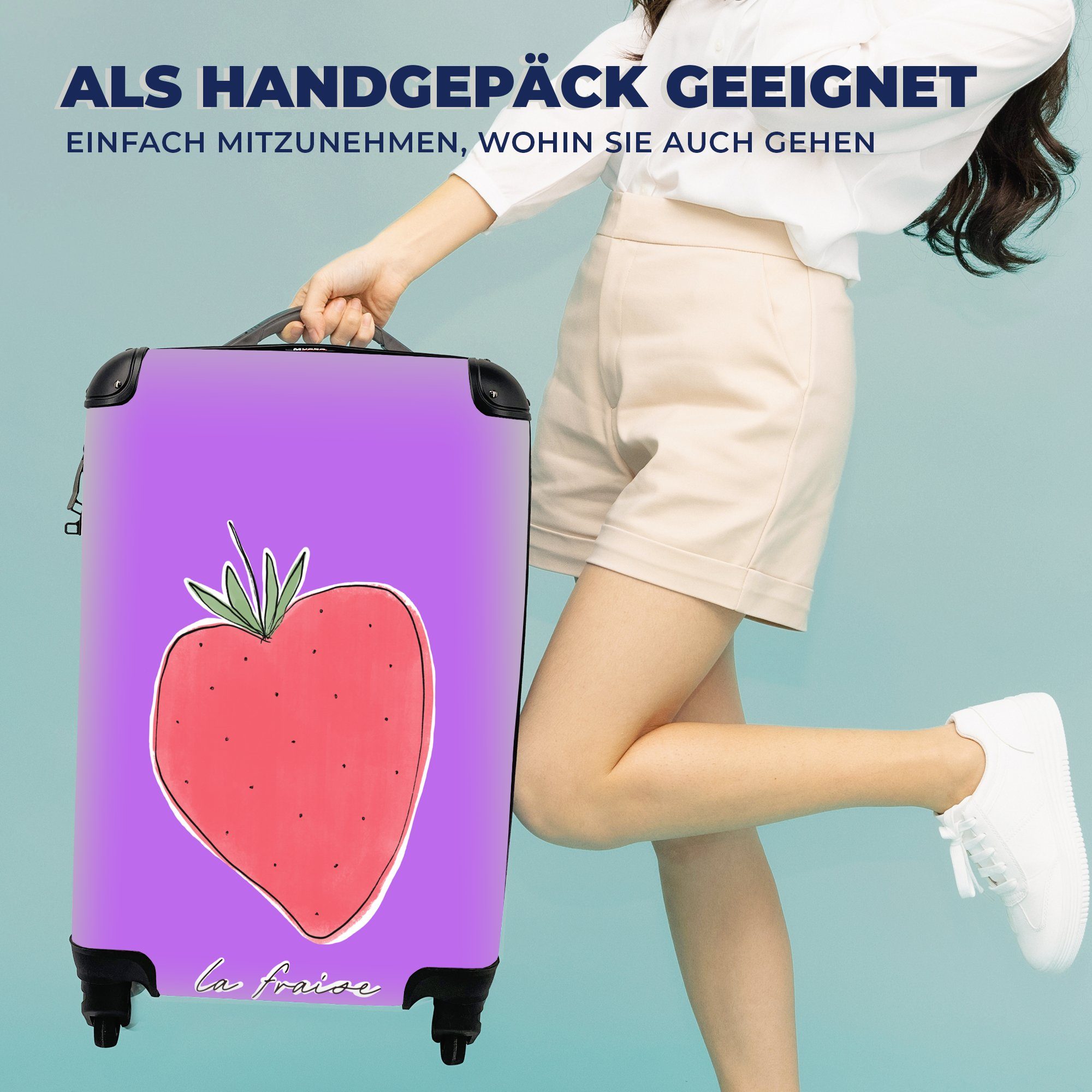 Reisekoffer MuchoWow - Handgepäckkoffer mit - Handgepäck Reisetasche Zitate, rollen, 4 Rollen, Obst Erdbeere für Ferien, Trolley,