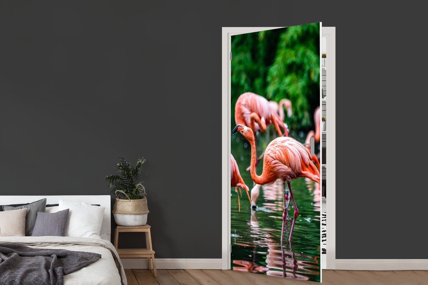 Türtapete Rosa, Wasser - - Flamingo MuchoWow Türaufkleber, (1 Matt, Tropisch bedruckt, cm - 75x205 St), Fototapete Tür, Vogel für -
