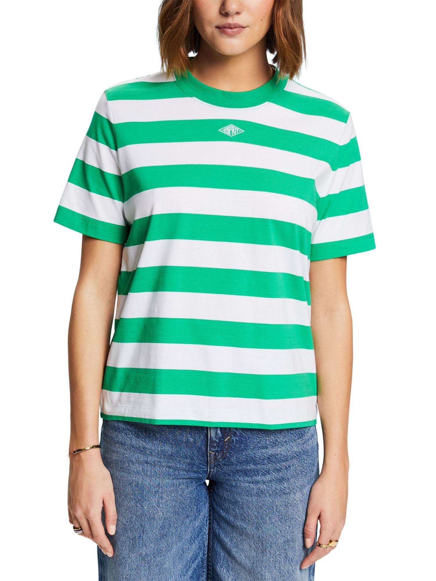 Esprit T-Shirt Gestreiftes T-Shirt mit Logostickerei GREEN (1-tlg)