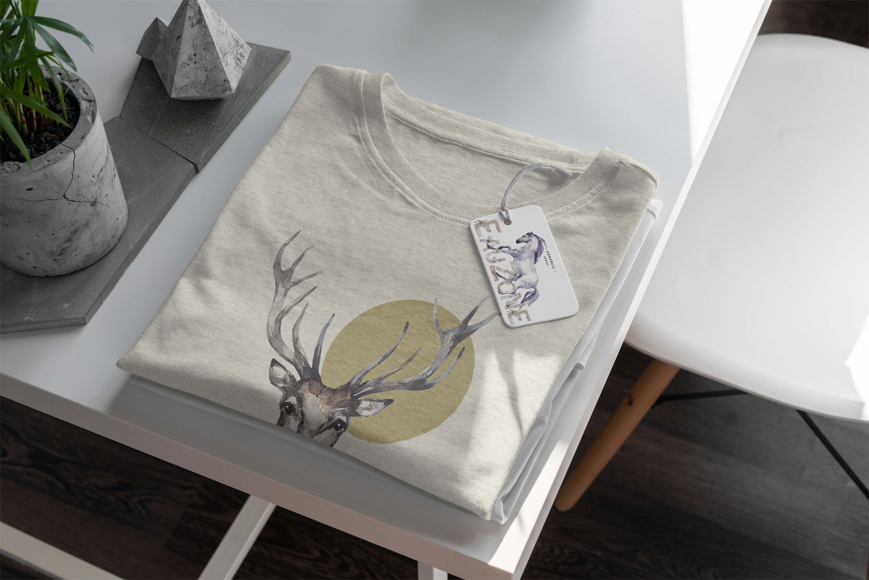 Sinus Art T-Shirt Herren Shirt Blumen (1-tlg) Hirsch Ök Aquarell Bio-Baumwolle Nachhaltig 100% Motiv gekämmte Porträt T-Shirt