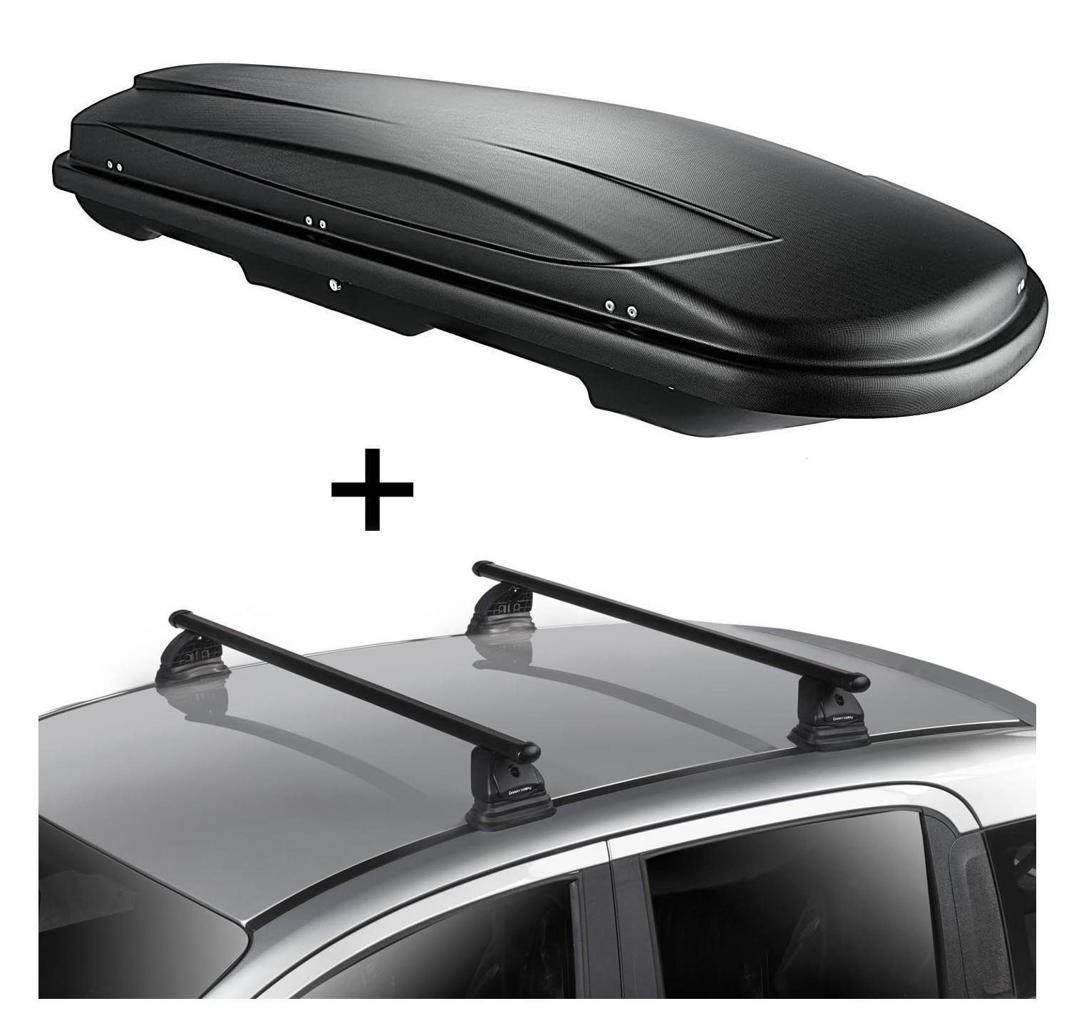 VDP Dachbox, Dachbox VDPJUXT400 400 Liter schwarz abschließbar + Dachträger VDP EVO Stahl kompatibel mit Mercedes CLA Shooting Brake (X117) 5 Türer 2015-2019