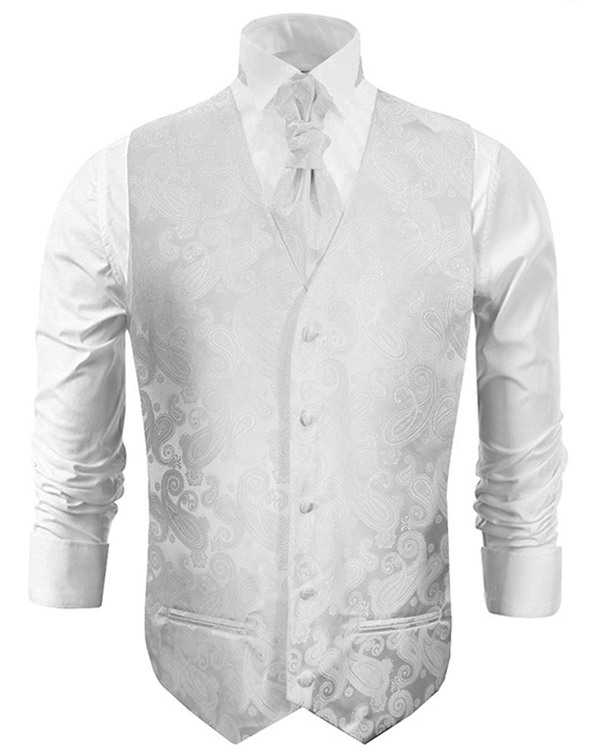 Paul Malone Anzugweste Herren Hochzeitsweste mit Plastron Set 2tlg paisley - Bräutigam (Set, 2-tlg., mit Weste und Plastron) weiß V17, Gr. 60 (3XL)