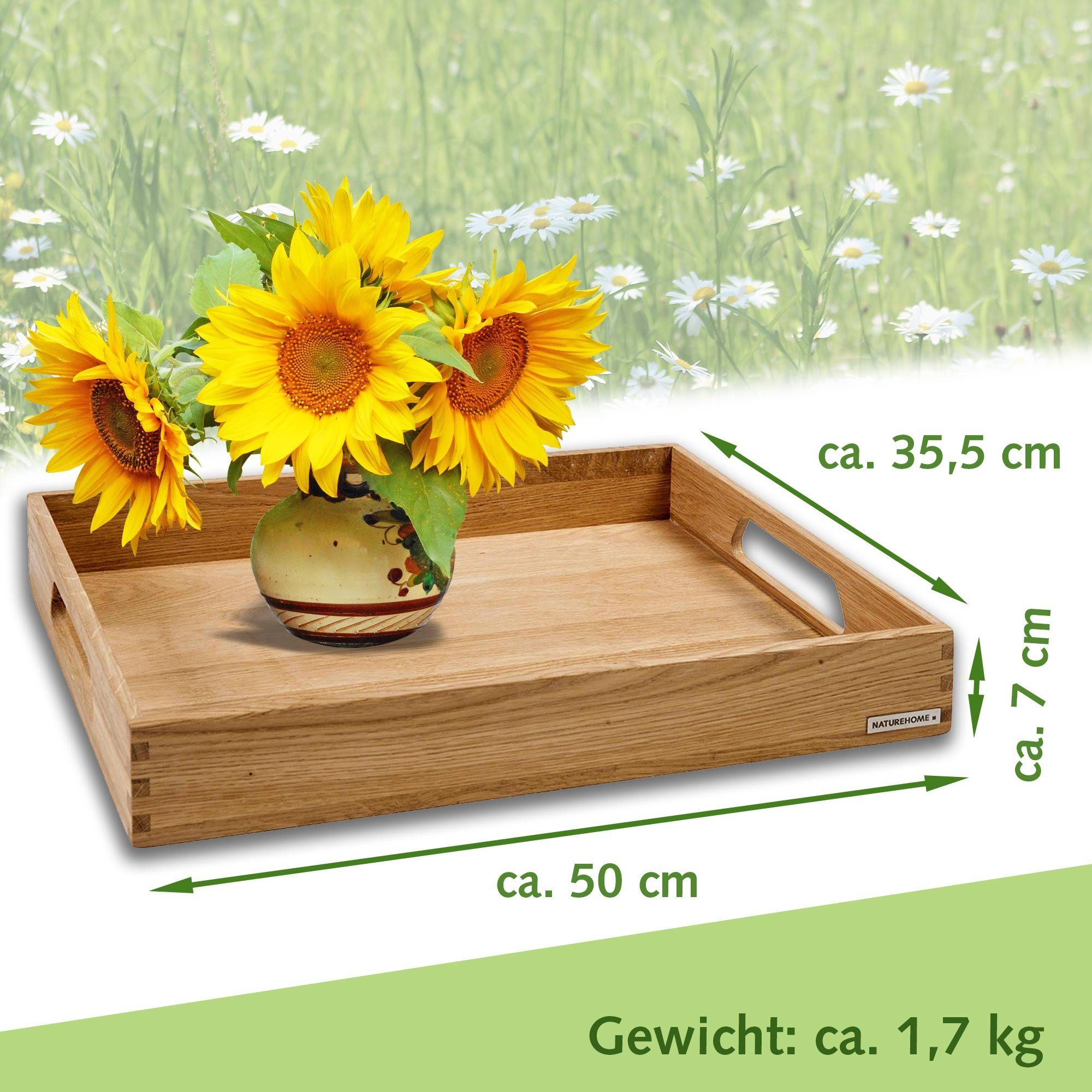 50x35x7 Tablett Küchentablett cm, Eichenholz, Holztablett (1-tlg), Handarbeit Serviertablett NATUREHOME Massivholz,