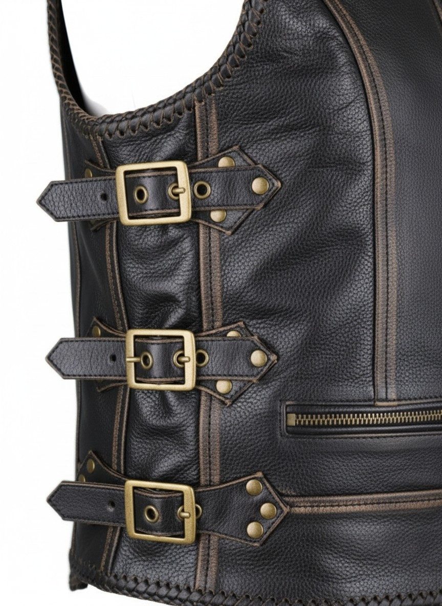 MDM Lederweste Damen Biker Lederweste in Schwarz mit Messing Schnallen Taillierte Damen Lederkutte mit Messing-Schnallen – Bild 4 von 5