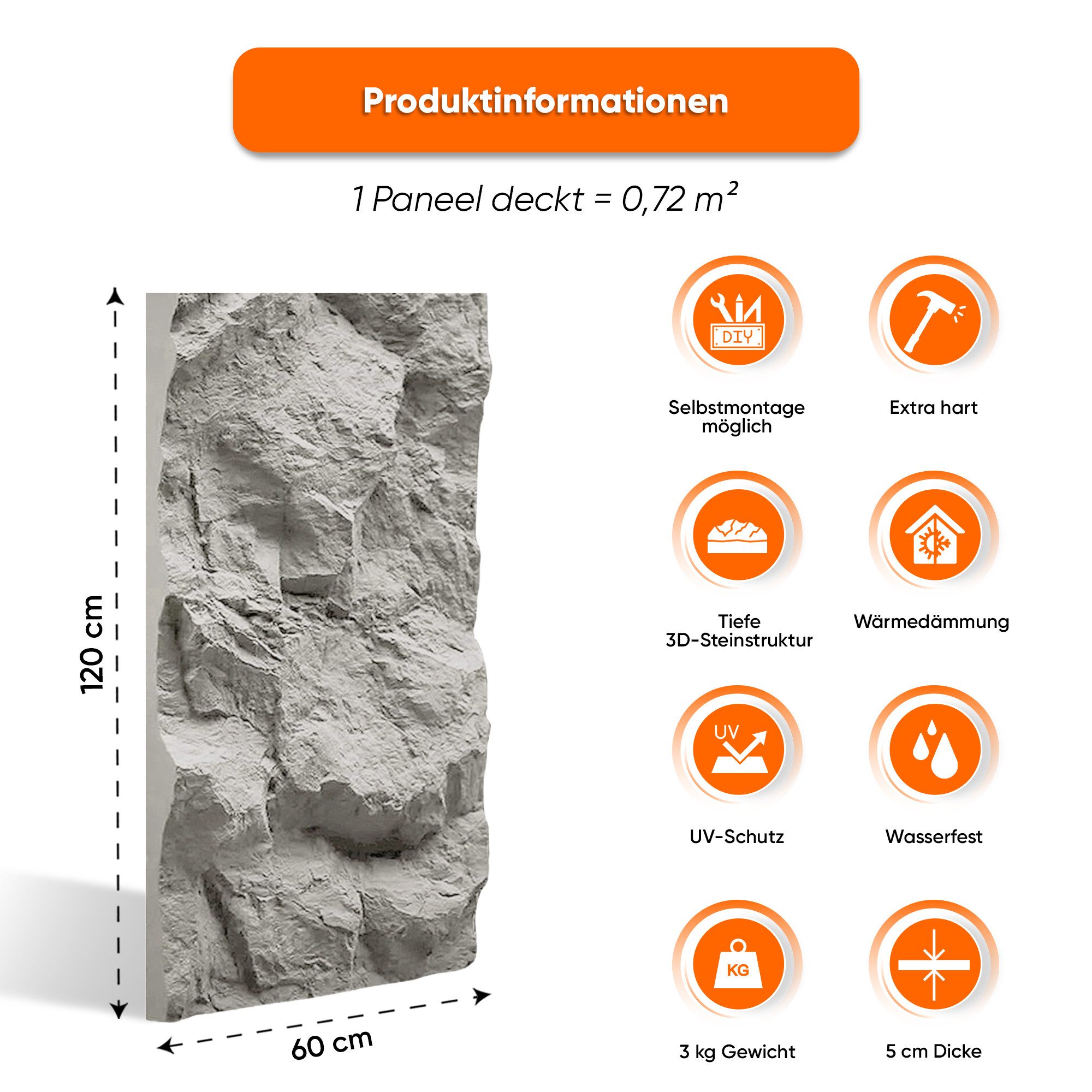 IZODEKOR 3D Wandpaneel PU Steinoptik 60x120 cm, 5 cm dick, Wandverkleidung Innen, BxL: 60x120 cm, 0,72 qm, (0,72 m) 3D Steinoptik, wasserfest, einfache Selbstmo – Bild 2 von 5