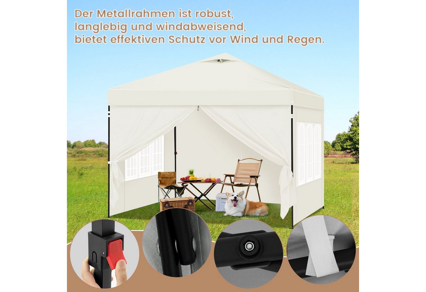 Thumbnail - EUGAD Pavillon, mit 4 Seitenteilen, 3x3 m, mit Seitenwänden, höhenverstellbar, UV Schutz, wasserfest