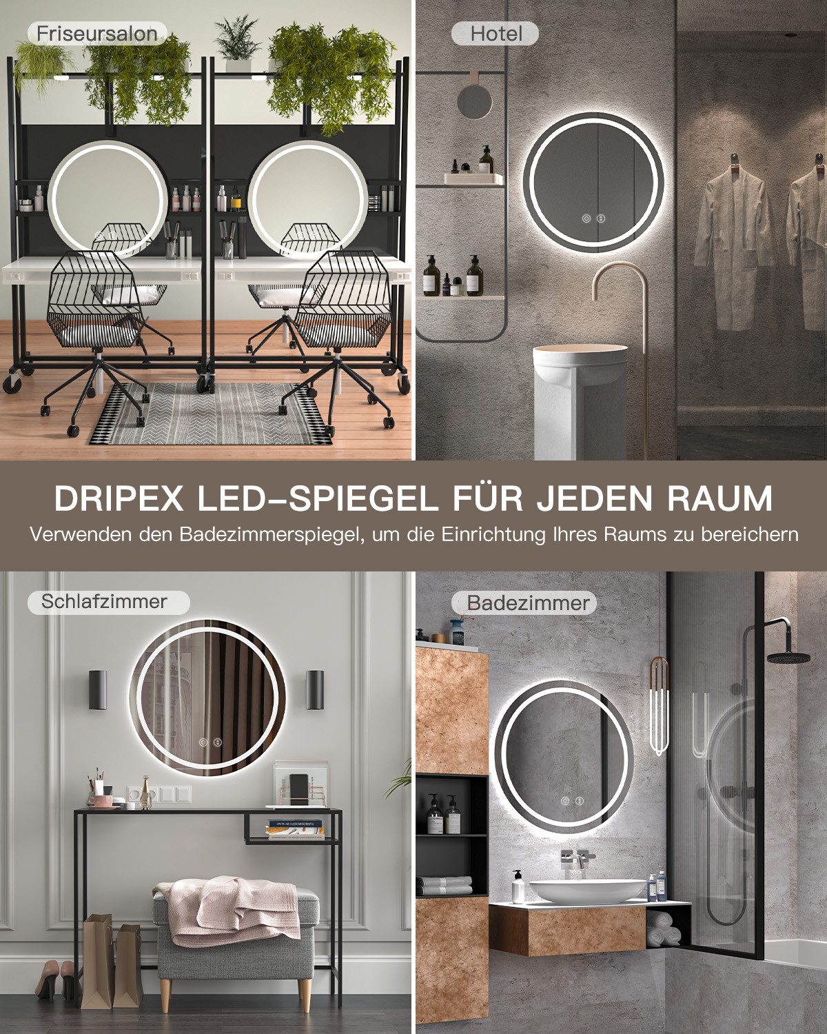Dripex Badspiegel Rund Badezimmerspiegel LED mit UHR / Bluetooth-Lautsprecher, Dimmbar, 3 Lichtfarbe Einstellbar, Beschlagfrei – Bild 5 von 5
