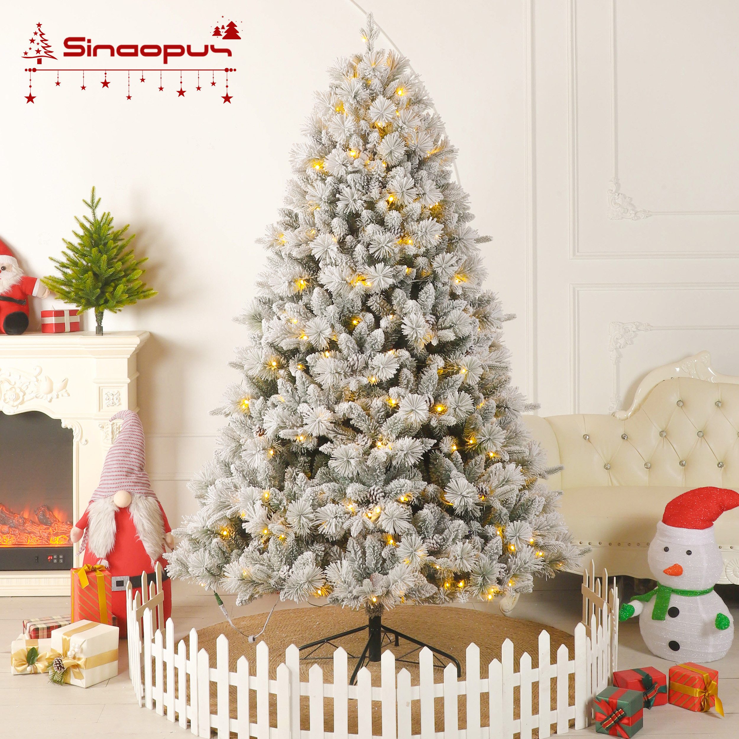 Sinaopus Künstlicher Weihnachtsbaum 210cm, Weihnachtsbaum mit Beleuchtung, Schnee und weiße Tannenzapfen, Künstlicher Tannenbaum, Weihnachtsdeko, Weihnachstbaum aus PE, PVC, Christbaum mit Metallständer, 1500 Spitzen, 360 Lichter, 8 Lichtmodi