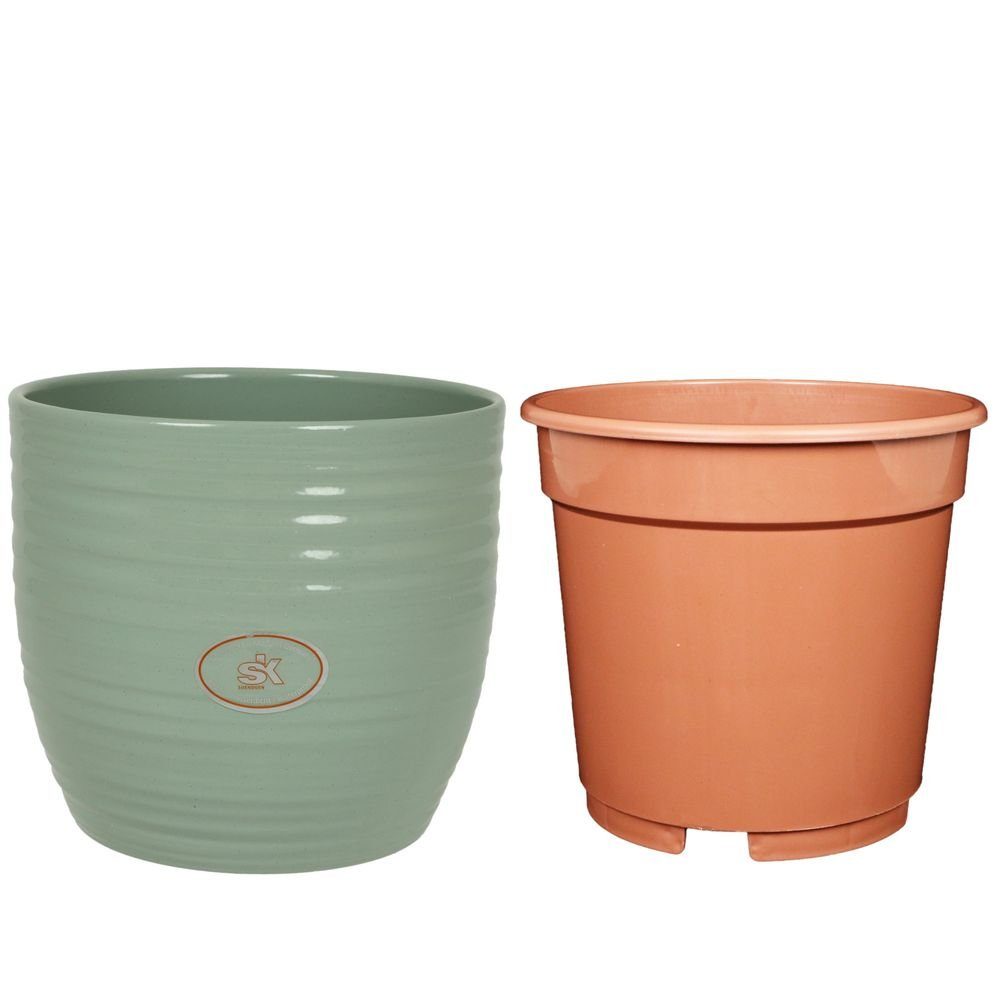 Heimwerkercenter Übertopf Set - Keramikübertopf Bergamo ø16 cm, gletscherblau + Kulturtopf ø15