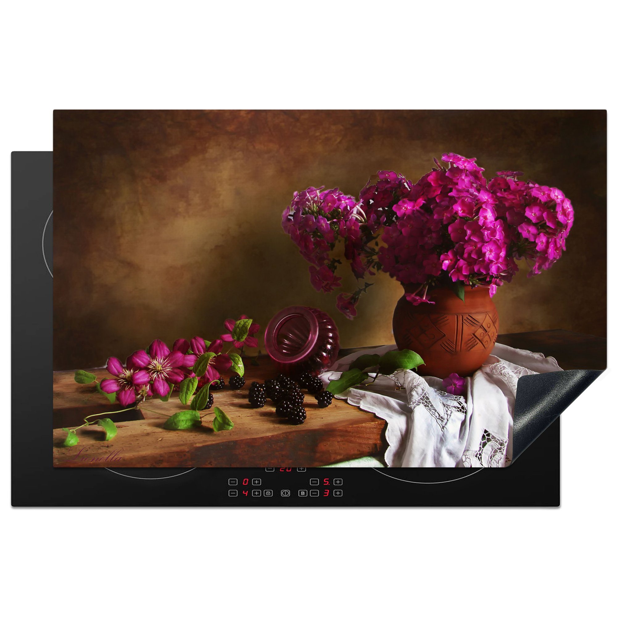 Ceranfeldabdeckung Blumen Herdblende-/Abdeckplatte Stilleben, Vinyl, Rosa die Rustikal Schutz - Induktionskochfeld Vase 81x52 tlg), für - - cm, küche, (1 MuchoWow -