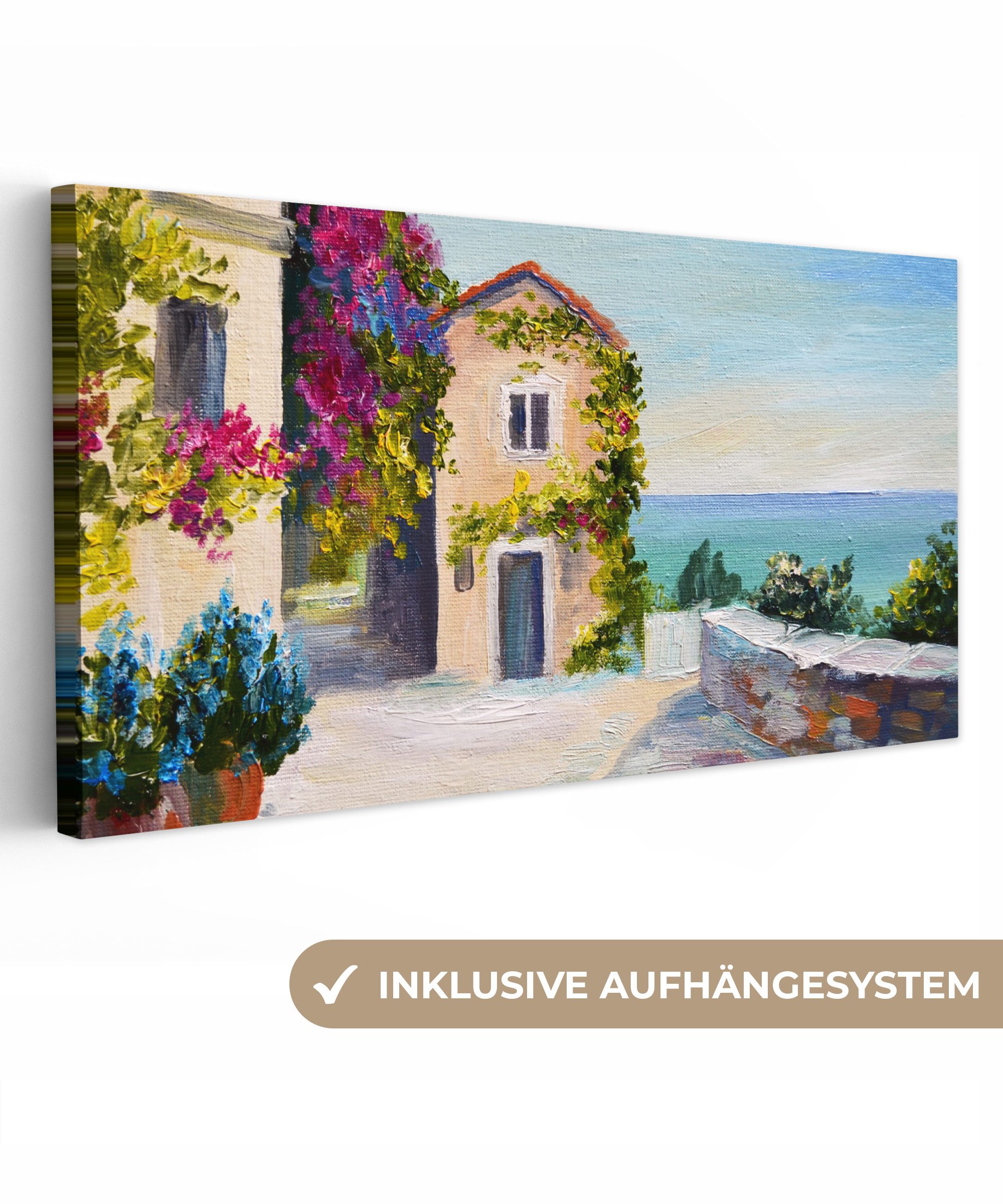 OneMillionCanvasses® Leinwandbild Panorama Malerei - Haus - Ölfarbe - Dorf, Fotodruck (1 St), Wandbild, Deko Schlafzimmer Wohnzimmer Flur 40x20 cm