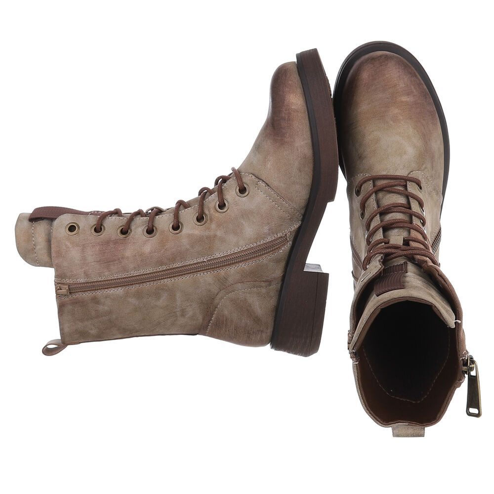 Ital-Design Modischer Damen-Boot mit Reißverschluss und Schnürung Schnürstiefelette (90515102) Blockabsatz Schnürstiefeletten in Beige