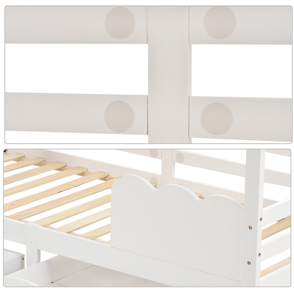 Hausbett (Kinderbett 200x90 cm), Jugendbett mit Rausfallschutz, 2 Schubladen und Lattenrost, Kiefer