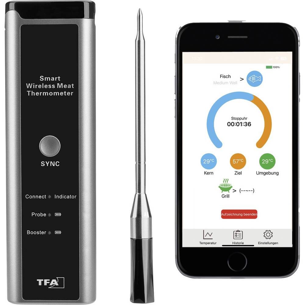 TFA Dostmann Bratenthermometer BBQ Fleischthermometer SMART BBQ KÜCHEN-CHEF 14.1515.10, digitaler Timer, akkubetrieben, App steuerbar