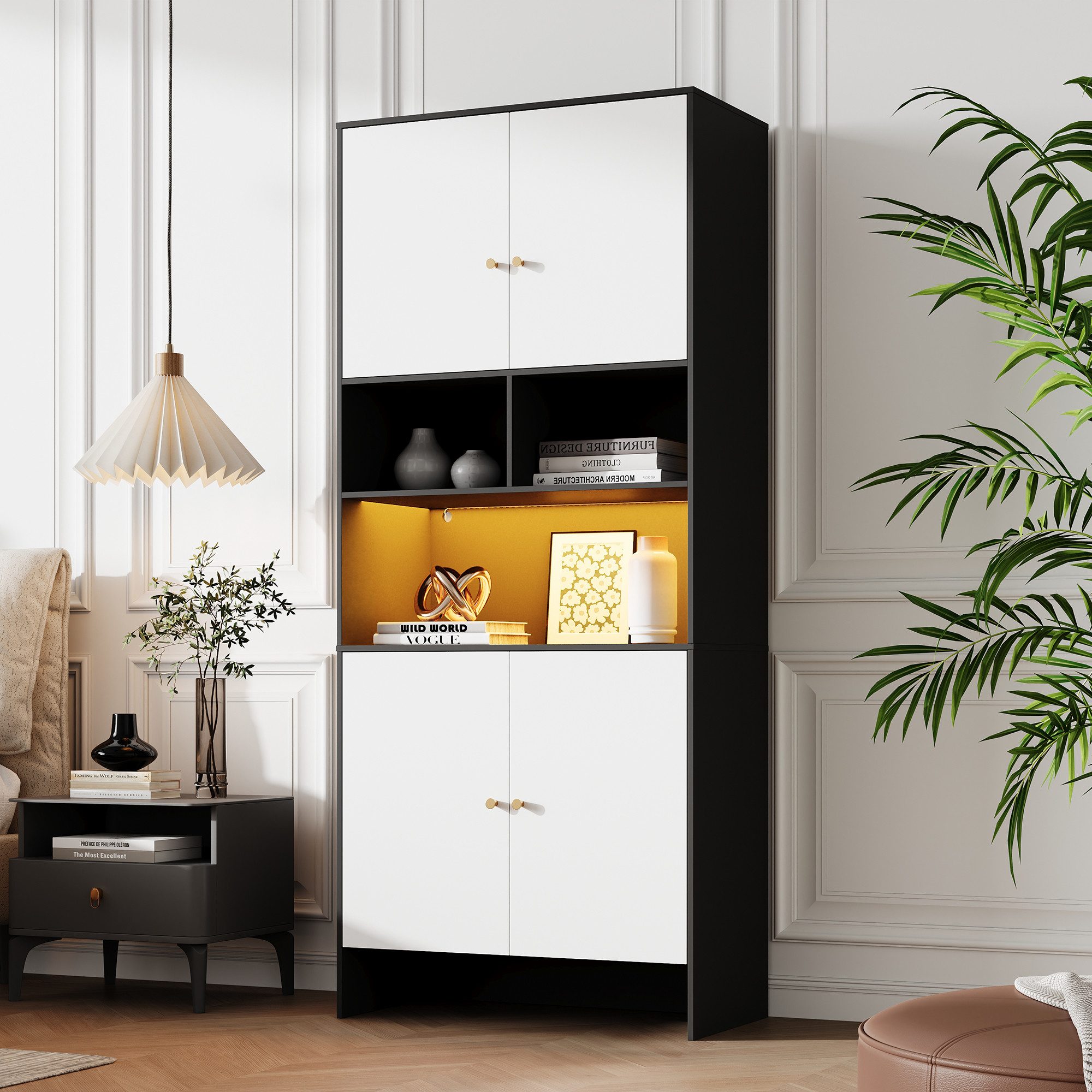 Totnz Sideboard mit 4 Fächern, modernes Mehrzweckschrank, Kommode mit offenen Regalen (verstellbaren Böden, stabil & kippsicher), für Wohnzimmer Küche Schlafzimmer