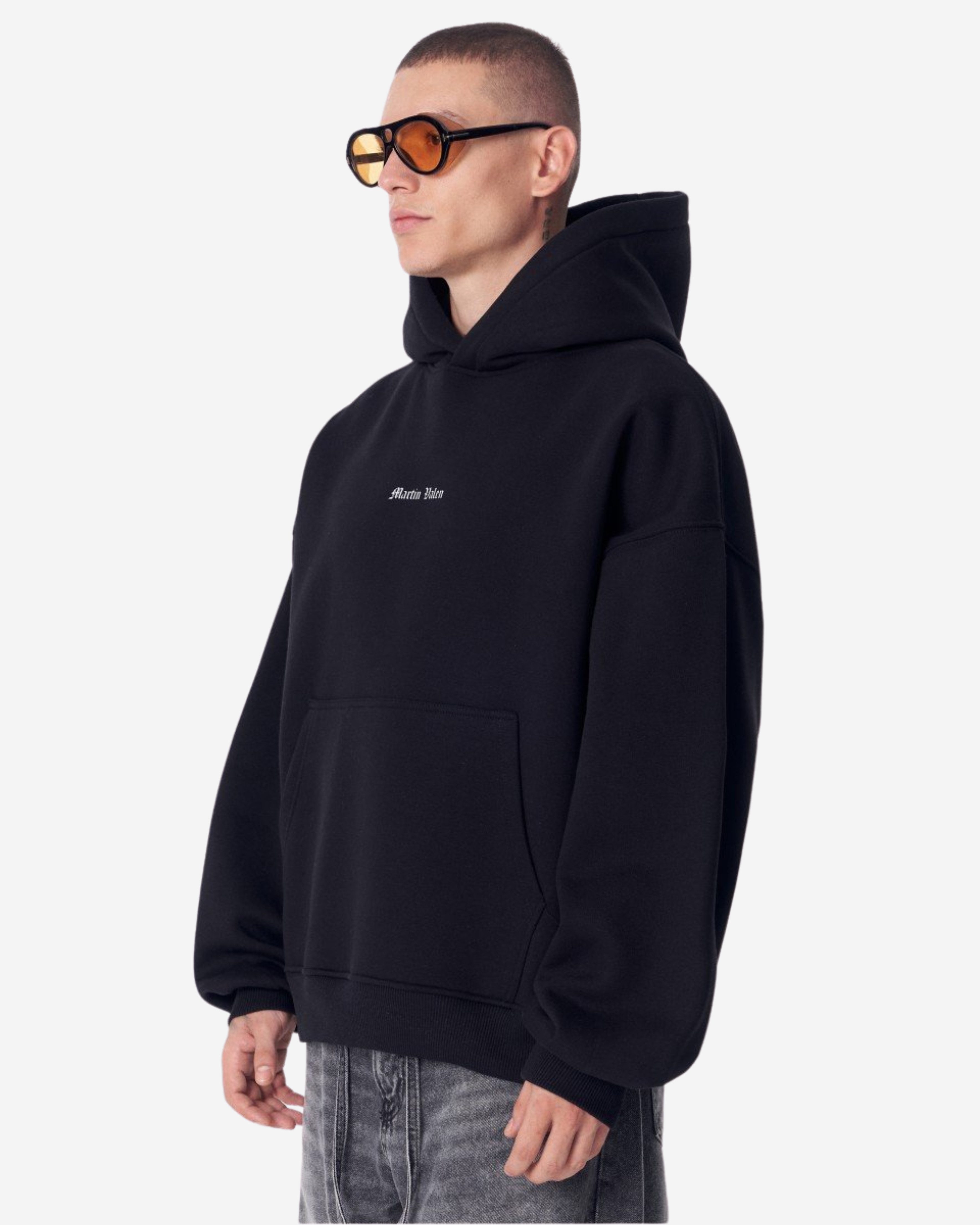 Martin Valen Kapuzenpullover Tiefe Gothic Schwarzer Kapuzenpullover mit Applikationsflicken - Groß