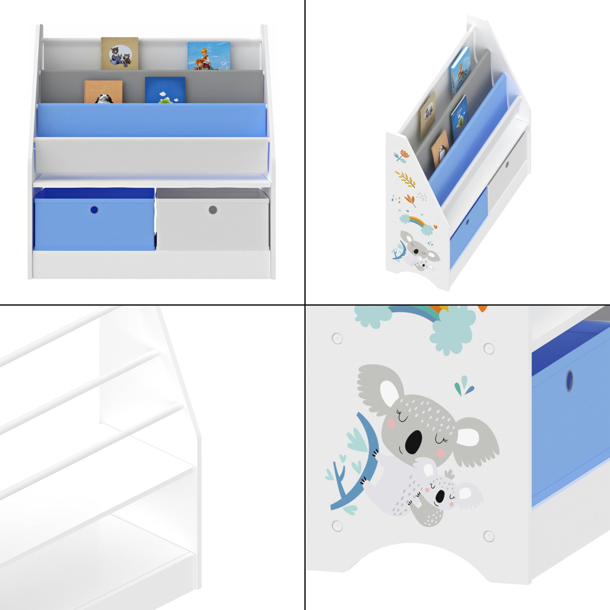 Bücherregal, mit Weiß/Grau/Blau cm 74x71x23 Koala-Motiv en.casa »Neda« Kinderregal