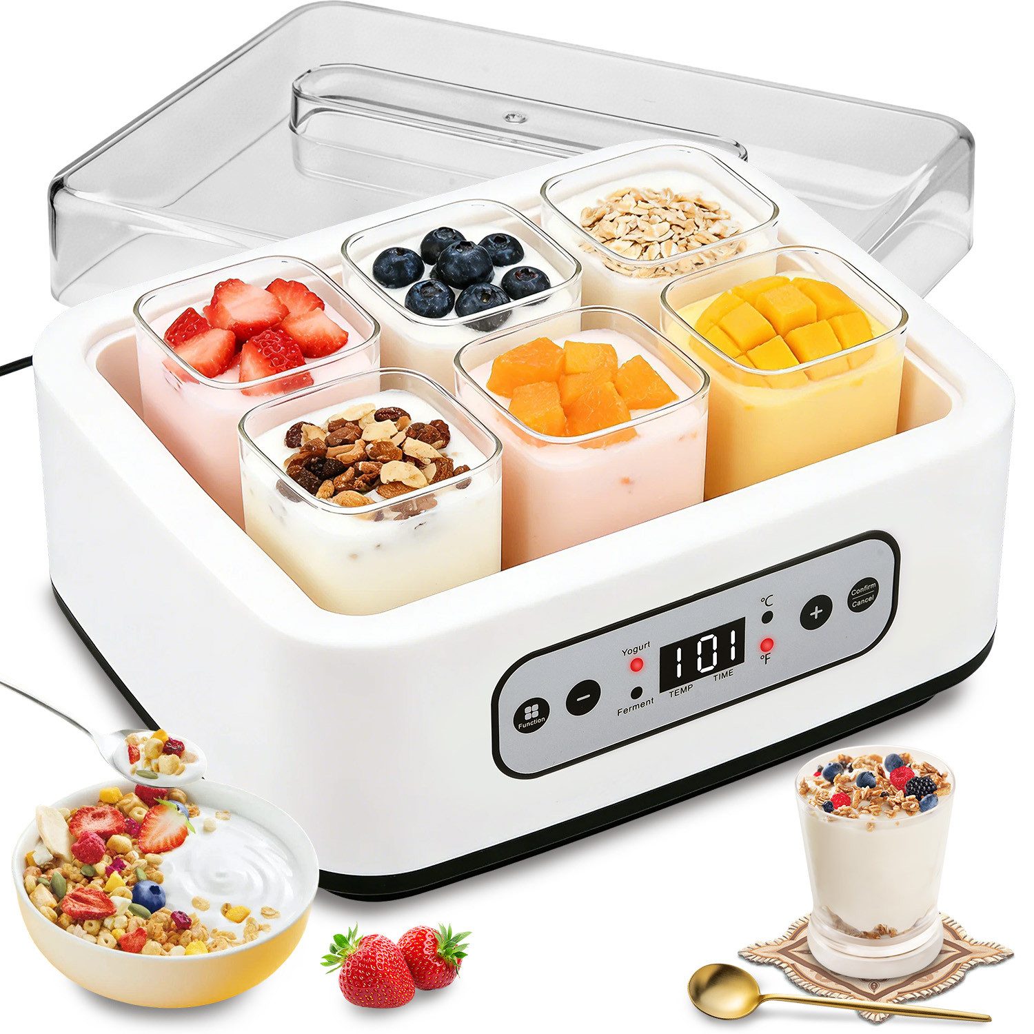 JVJH Joghurtbereiter mit Temperatur und Timer, Becher aus hochwertigem Borosilikatglas, 6 Portionsbehälter, je 250 ml, für bis 1,5L,Hochtemperaturbeständig,LCD Display