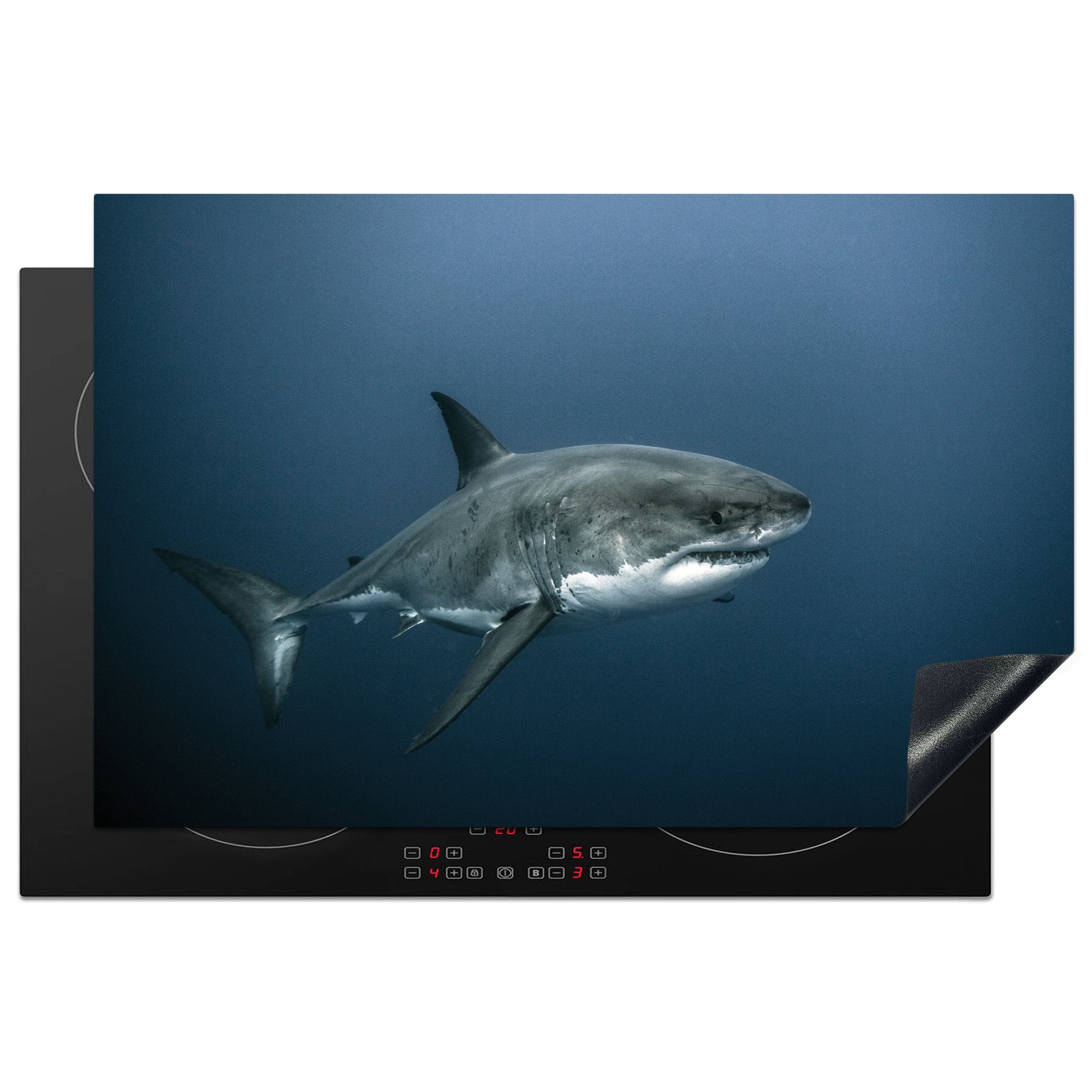 MuchoWow Herdblende-/Abdeckplatte Ein großer weißer Hai in dunklem Wasser, Vinyl, (1 tlg), 81x52 cm, Induktionskochfeld Schutz für die küche, Ceranfeldabdeckung