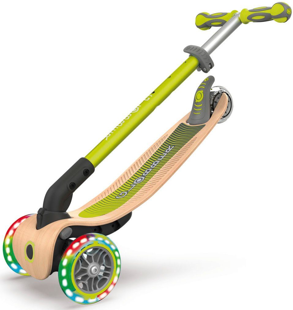 Dreiradscooter WOOD Holzdeck LIGHTS, Globber und toys PRIMO sports mit authentic FOLDABLE Leuchtrollen limettengrün &