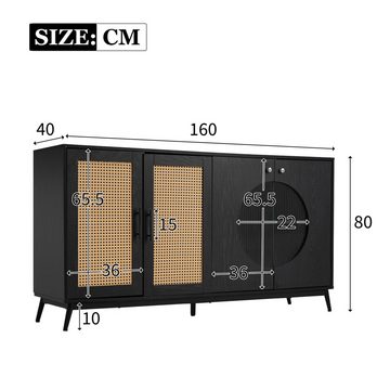 BlingBin Sideboard Aufbewahrungsmöbel (1 St., 160 L x 40 B x 80H), Rattan, halbrunde Tür, Magnetsaug ausgestattet