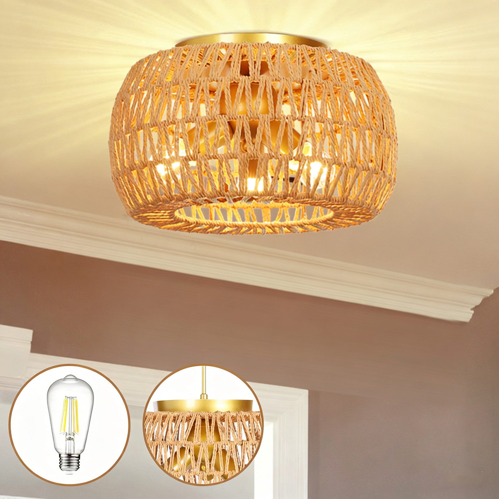 Rosnek Pendelleuchte Deckenleuchte Esszimmer aus Rattan, 3x E27, 40 W, Halogen, Boho Rattan Style for Dining Room & Living Room